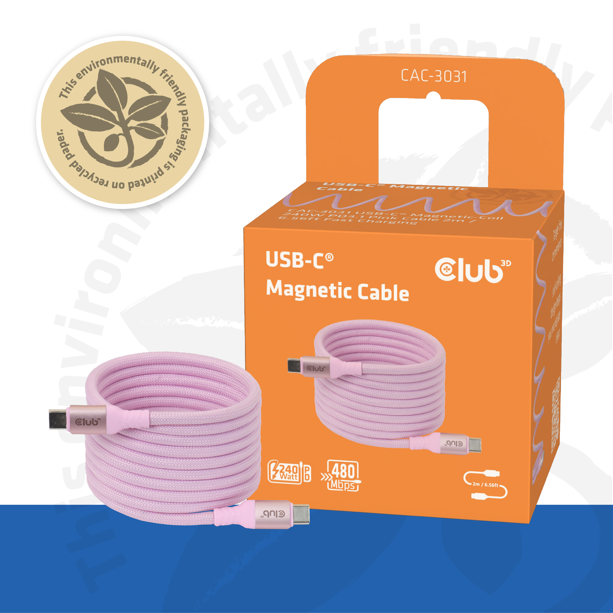 Club3D Lifestyle USB-C Magnetisches Kabel 240W 2m rosa St/St