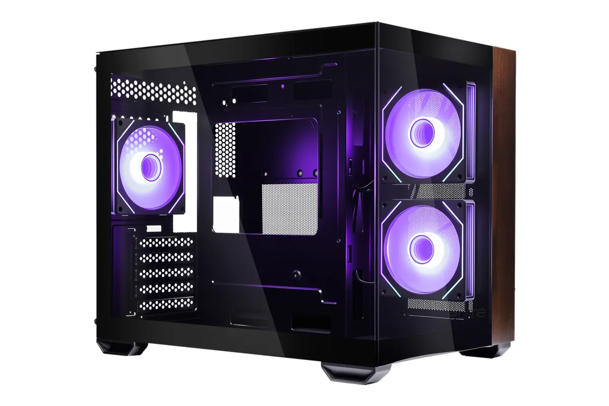 Elite 481 Wood Black | mATX Panorama-Gehäuse | 3× 120 mm ARGB PWM | Holz & Tempered Glass | USB-C 20 Gbit/s