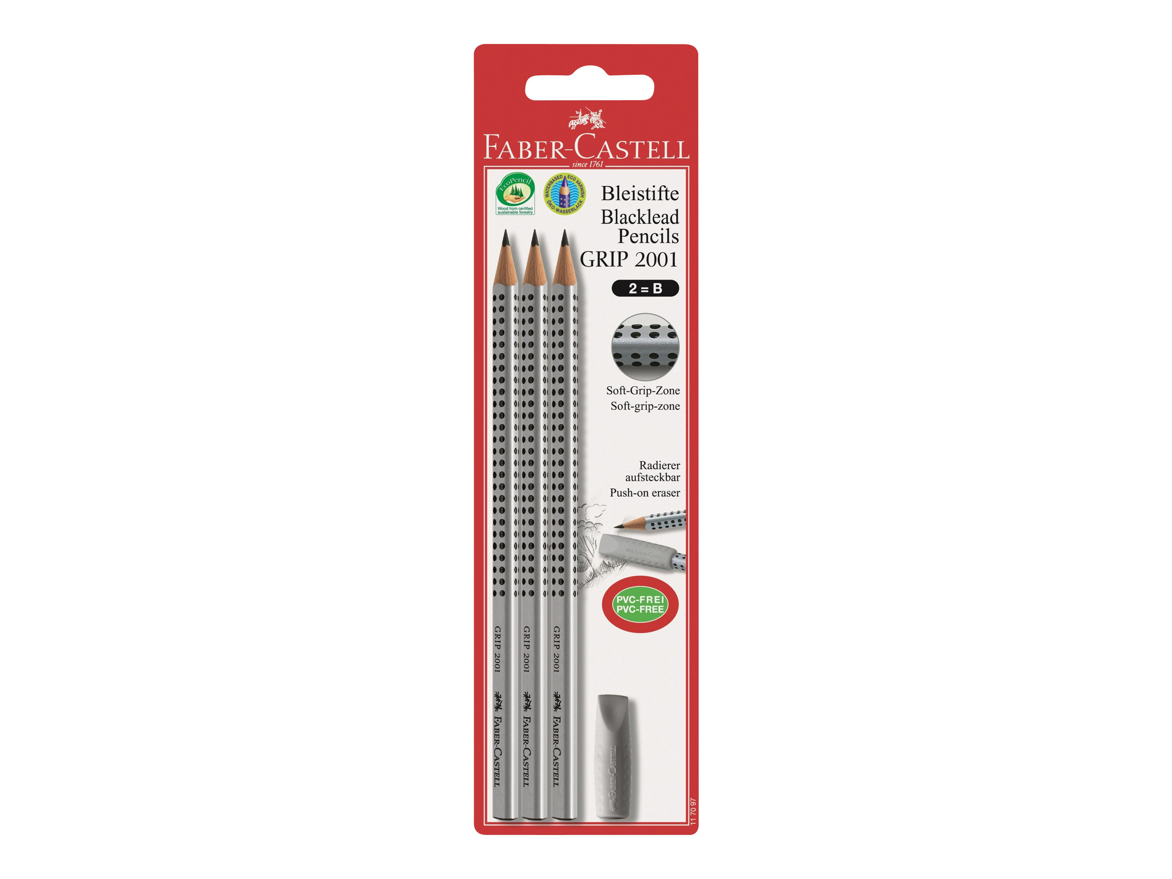Bleistift Grip 2001 B 3x + Radierer BK