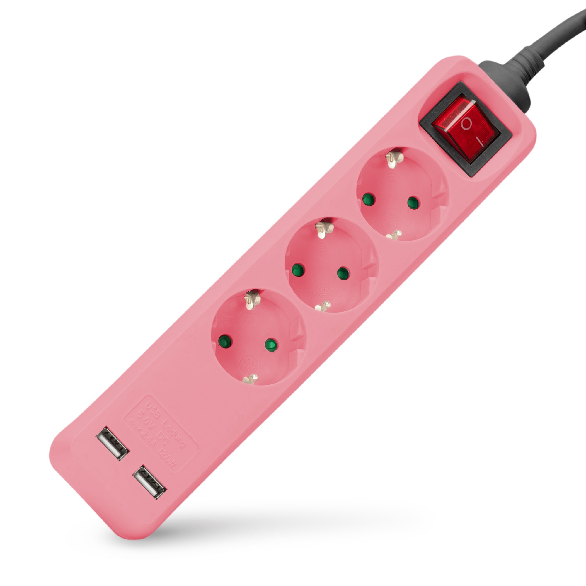 Steckdosenleiste 3fach 2x USB-A, 1,5m pink