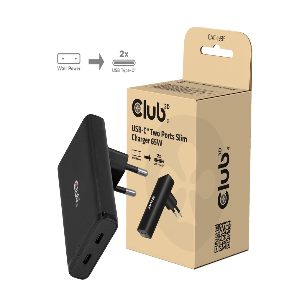 Club3D Ladegerät 2xUSB Typ C Slim PD3.1 65W, GaN retail