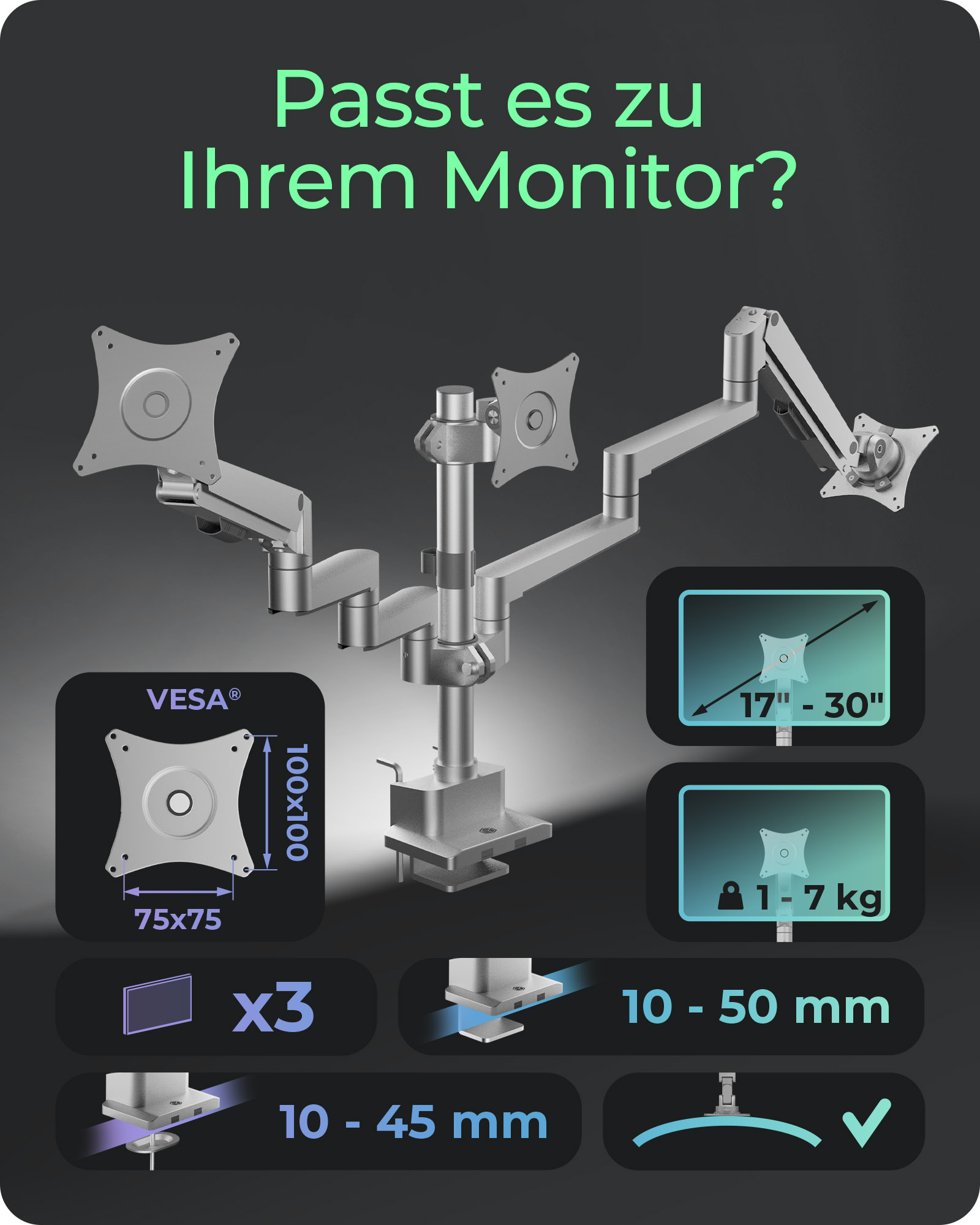 Monitorständer IcyBox 3 Monitore mit Tischhalterung