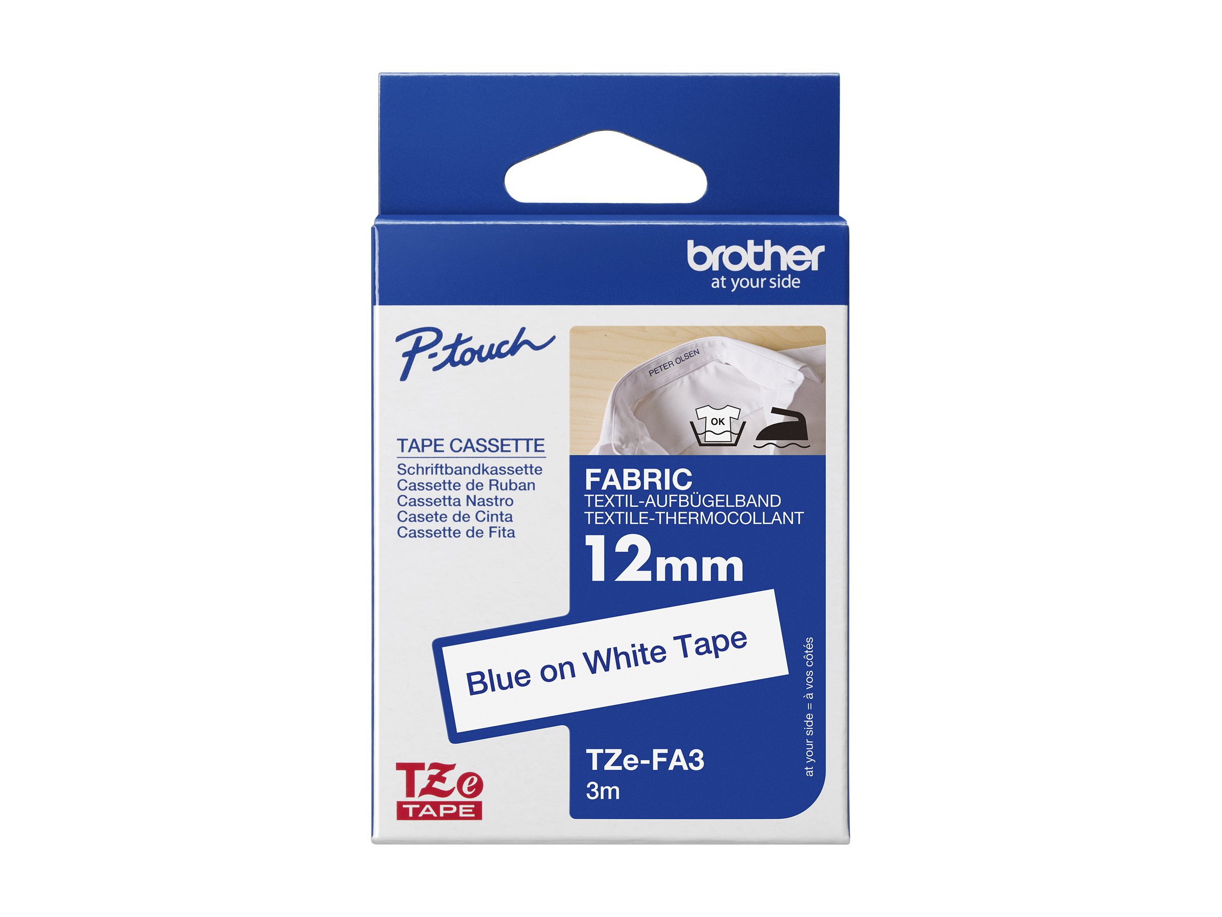Schriftbandkassette Brother 12mm weiß/blau TZEFA3