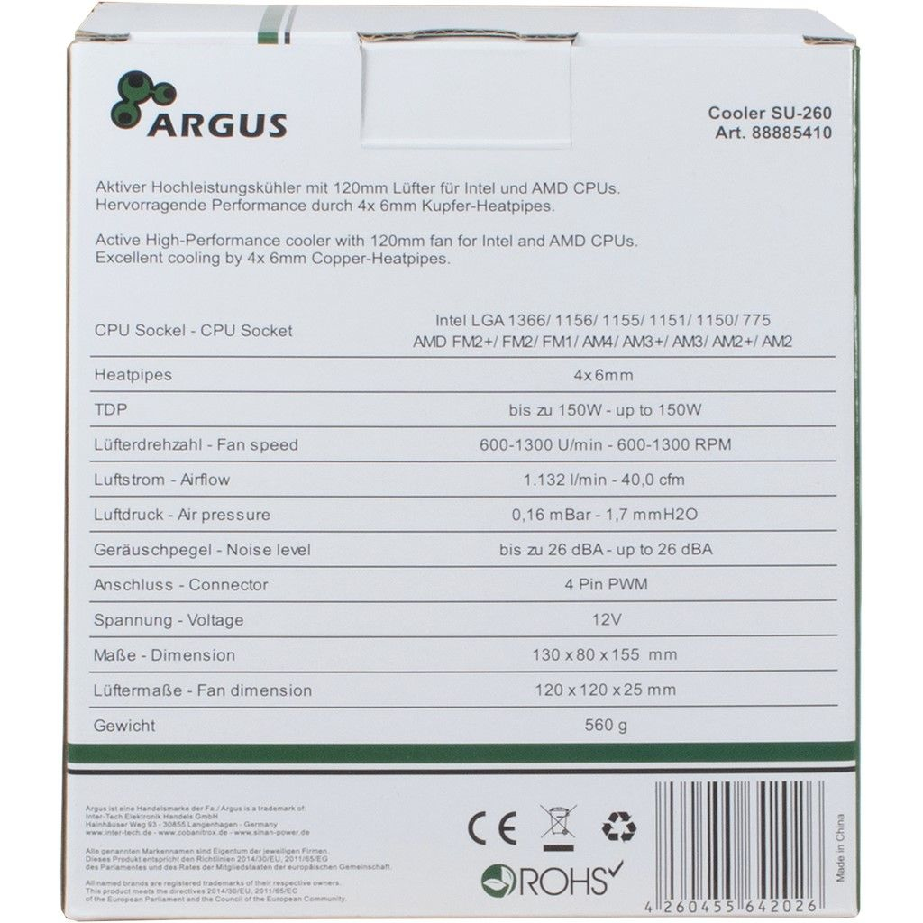 Argus SU-260 - Prozessor-Luftkühler - (für: LGA775, LGA1156, AM2, AM2+, LGA1366, AM3, LGA1155, AM3+, FM1, FM2, LGA1150, LGA1151, AM4, LGA1200)