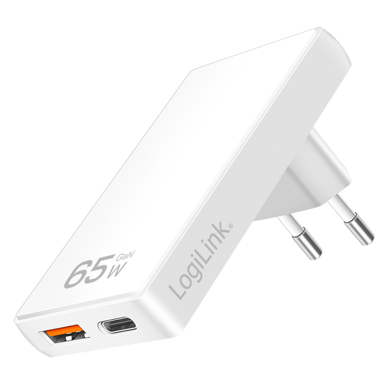 USB Steckdosenadapter 1xUSB-A, 1xUSB-C, 65W weiß