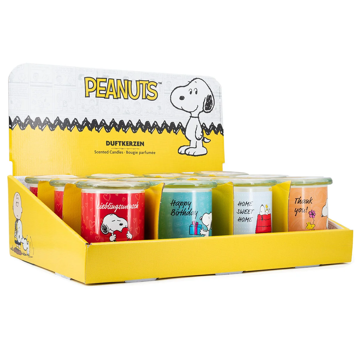 Duftkerzen Thekendisplay | 12 x 250 g | Verschiedene Düfte | Geschenkartikel | Peanuts Design