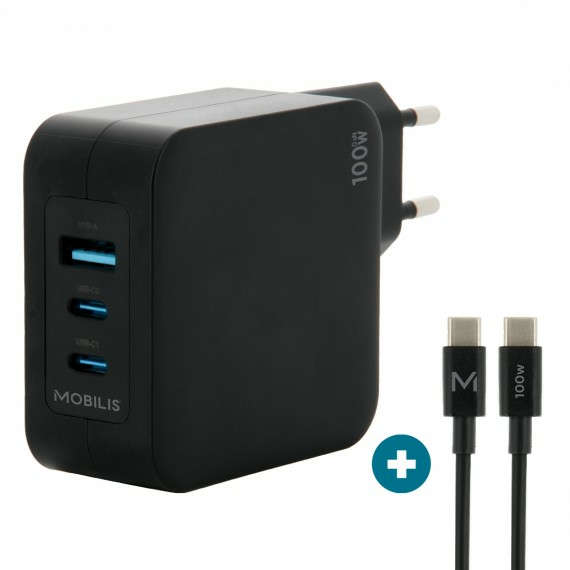 Wall Charger 100W 2 USB-C+1 USB A GaN+cable 2m 100W