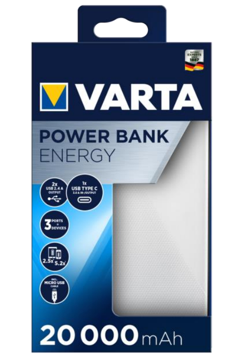 Varta Energy 20000 - Schwarz - Weiß - Universal - Lithium Polymer (LiPo) - 20000 mAh - USB - 3,7 V