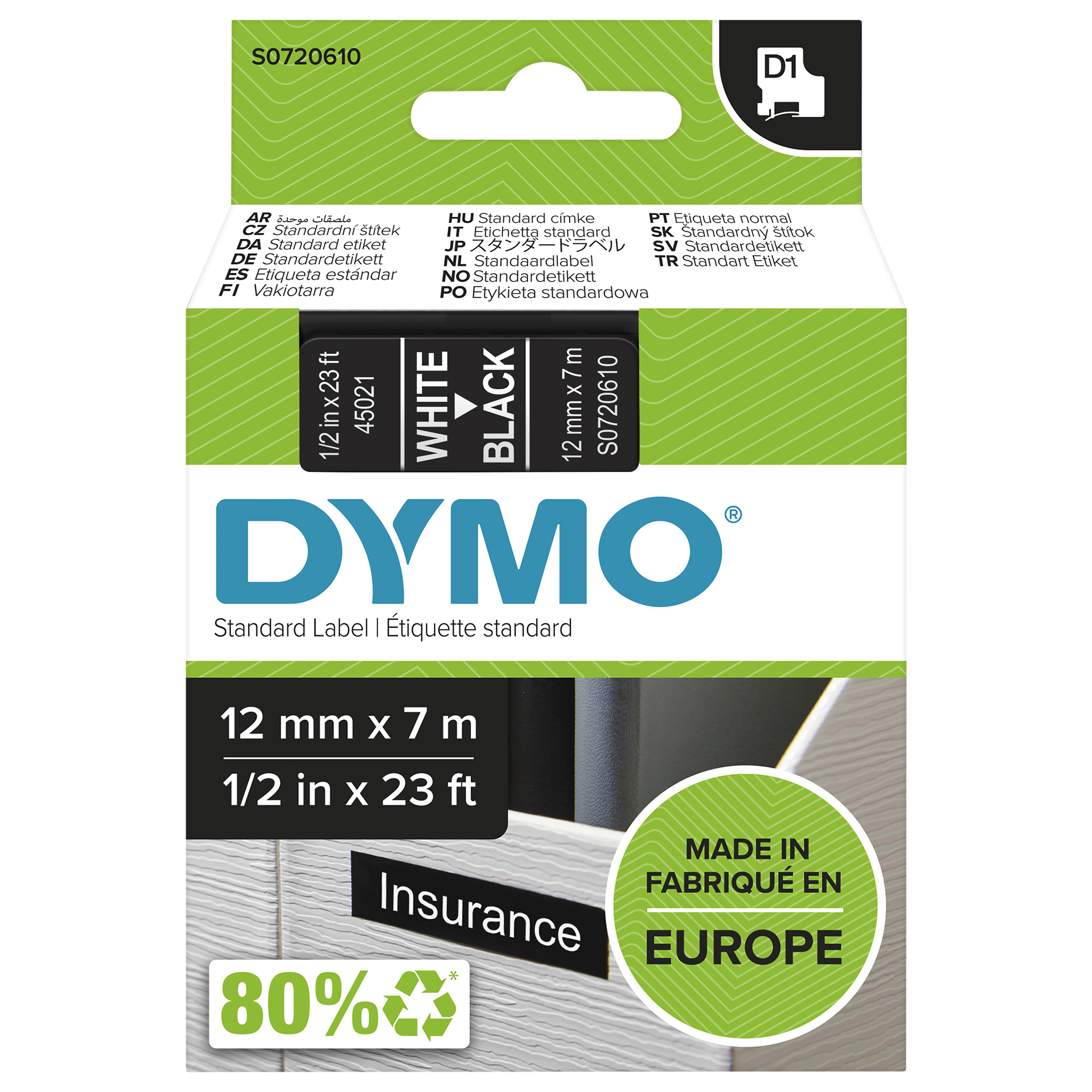 DYMO | Original D1-Schriftband für LabelManager | Polyester | wieder ablösbar | weiß auf schwarz | 12mmx7m