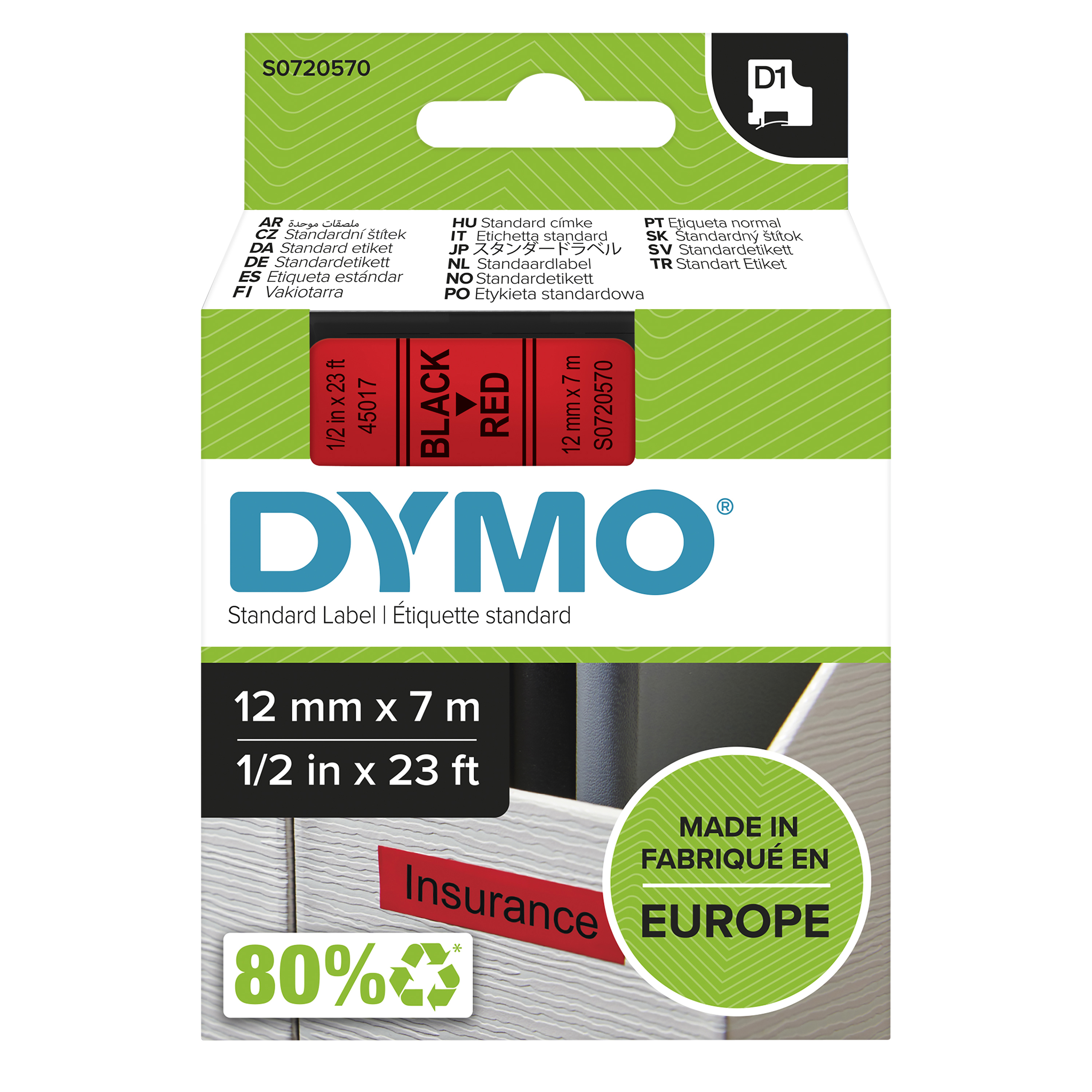 DYMO | Original D1-Schriftband für LabelManager | Polyester | wieder ablösbar | schwarz auf rot | 12mmx7m