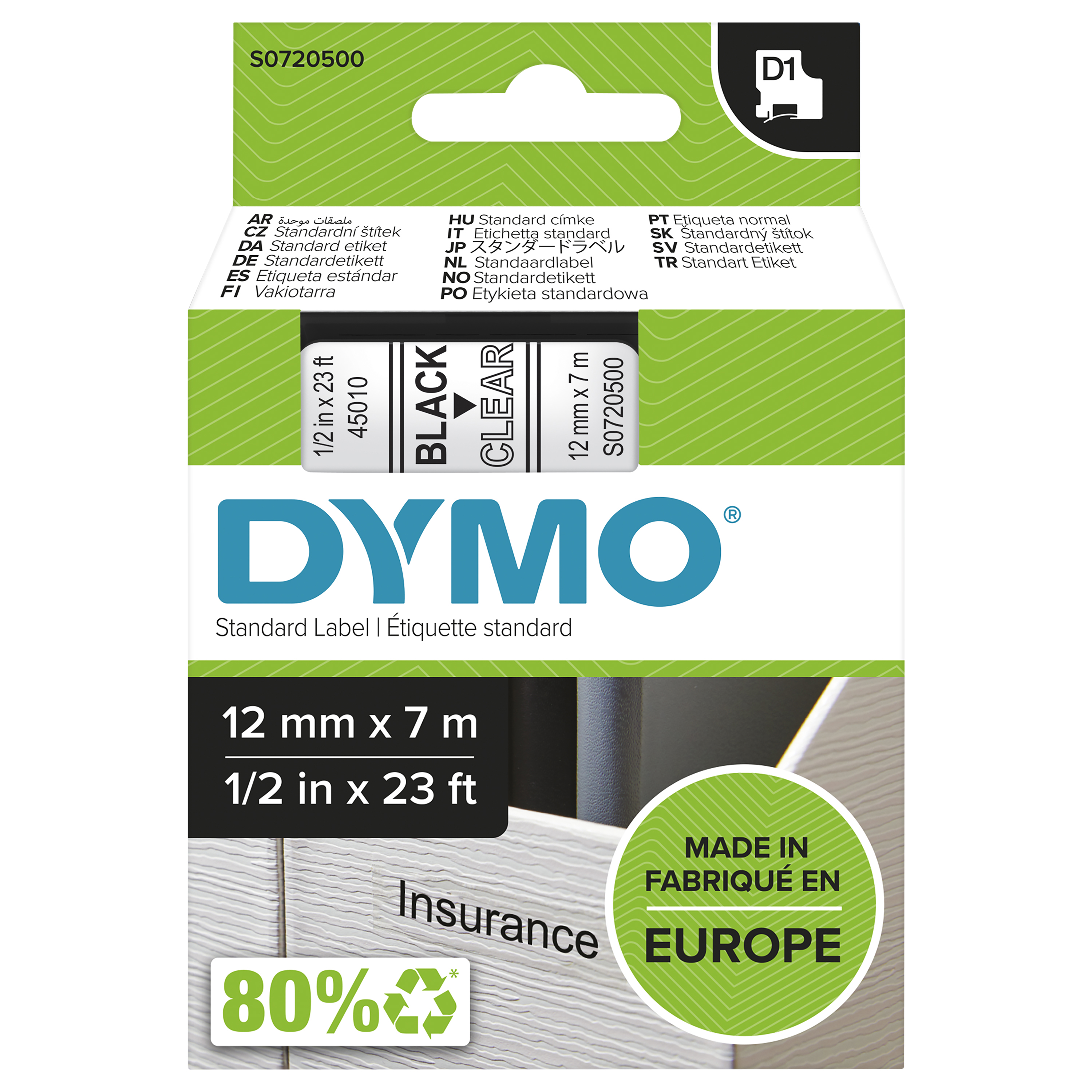 DYMO | Original D1-Schriftband für LabelManager | Polyester | wieder ablösbar | schwarz auf transparent | 12mmx7m | 12mmx7m
