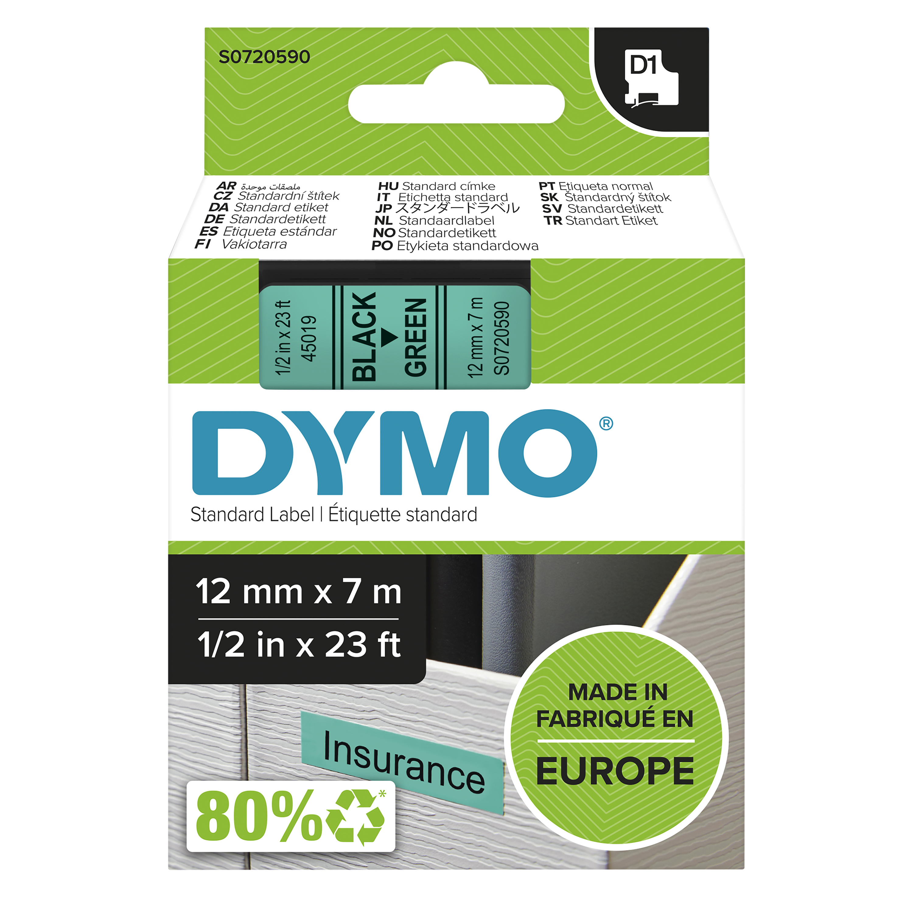 DYMO | Original D1-Schriftband für LabelManager | Polyester | wieder ablösbar | schwarz auf grün | 12mmx7m