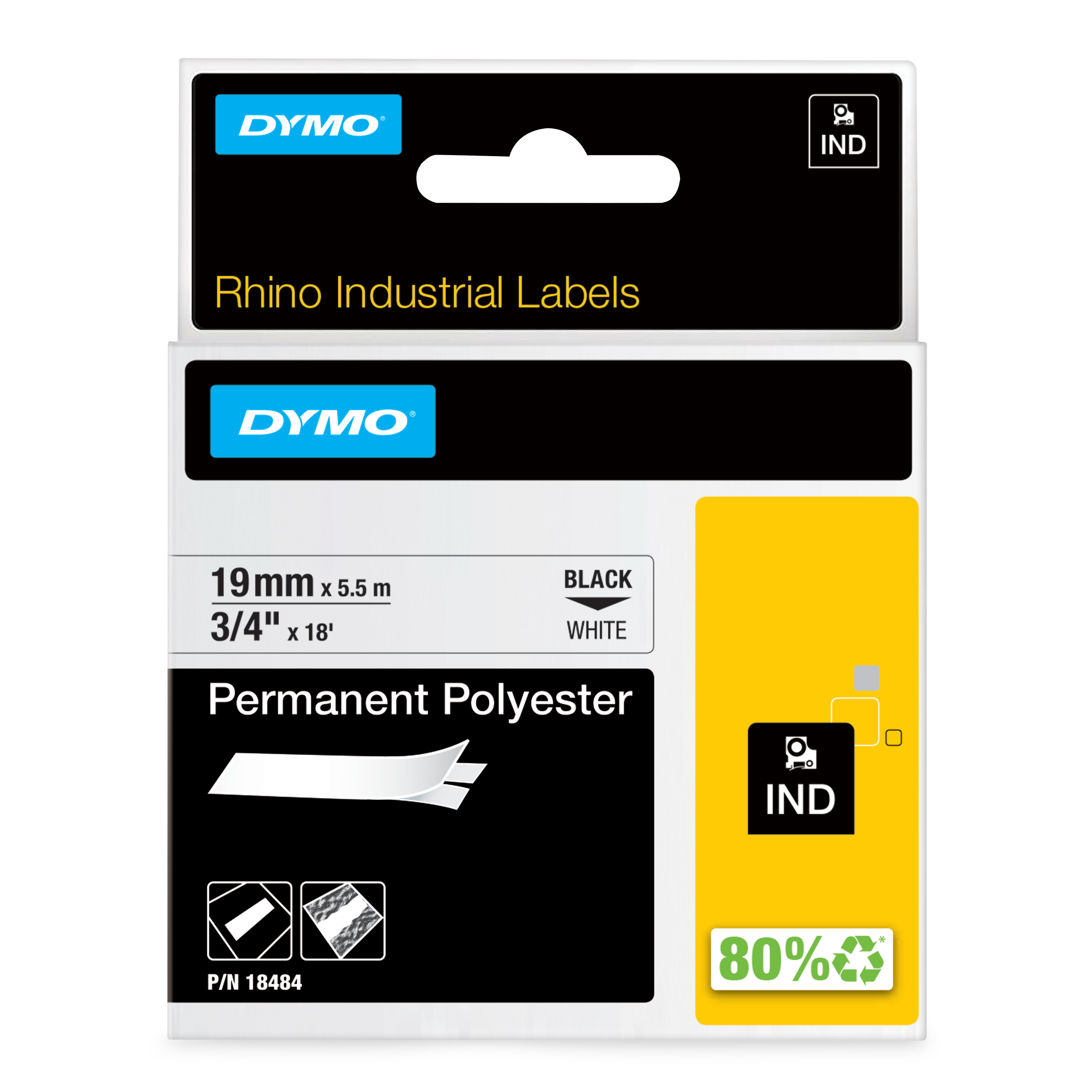 DYMO | Original IND-Schriftband für Rhino | Permanent Polyester | schwarz auf weiß | 19mm x 5,5m