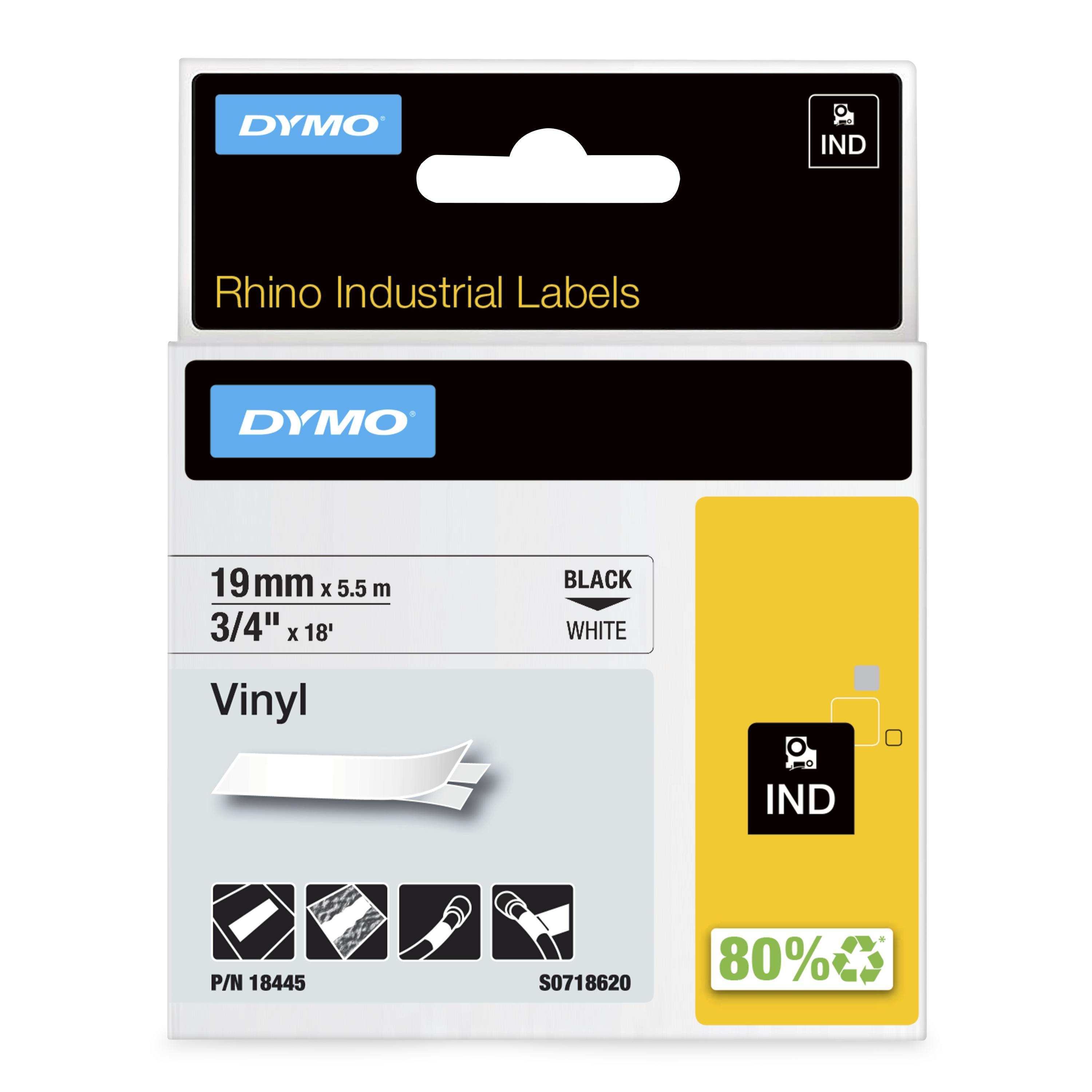 DYMO | Original IND-Schriftband für Rhino | farbiges Vinyl | schwarz auf weiß | 19mm x 5,5m