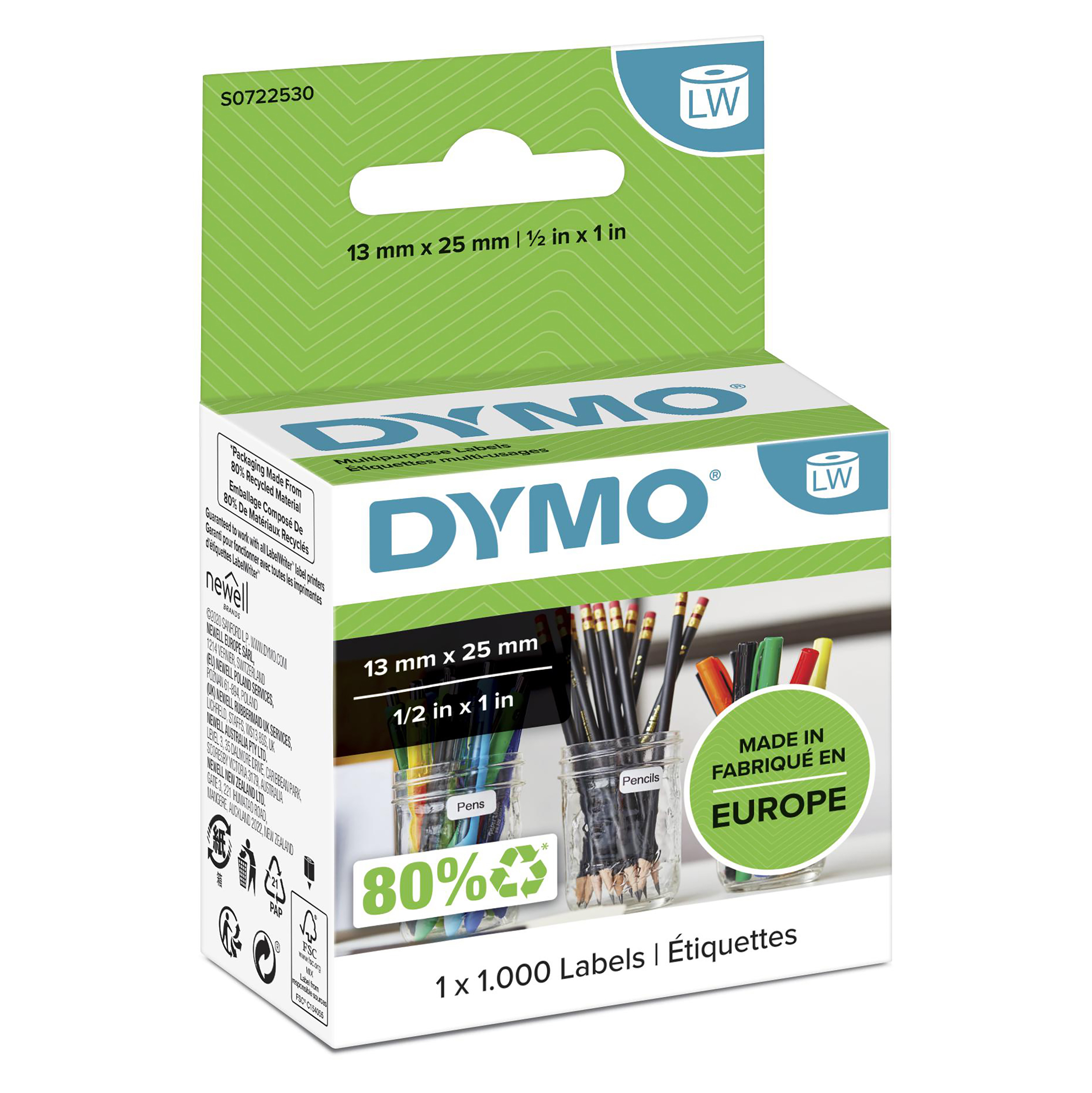 DYMO | Original Etikett für LabelWriter | Vielzweck | weiß | ablösbar | 1 x 1.000 Etiketten | 13 x 25; je 2 hoch mm