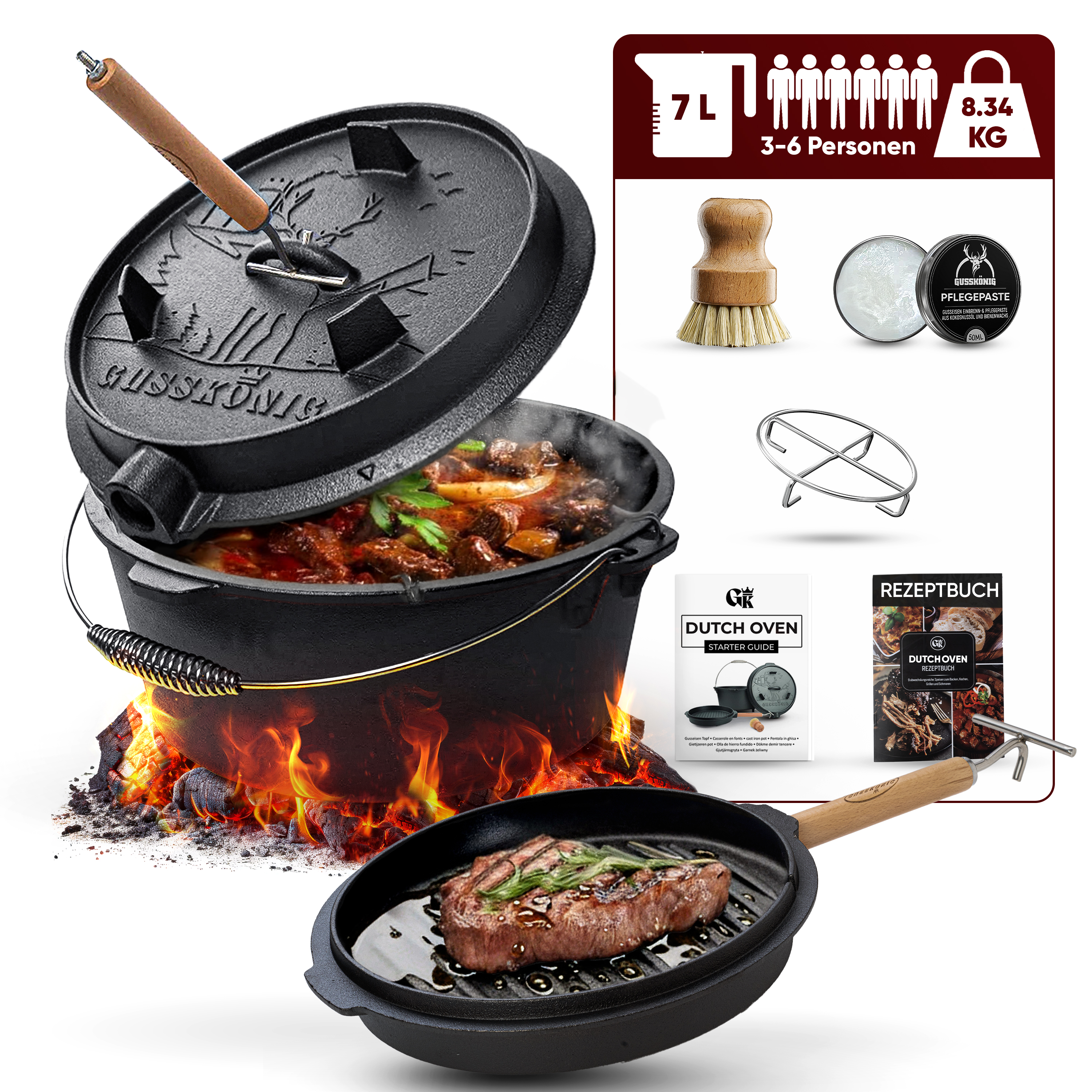 Dutch Oven Set 7 L ohne Füße, inkl. Pflegezubehör und Rezeptbuch