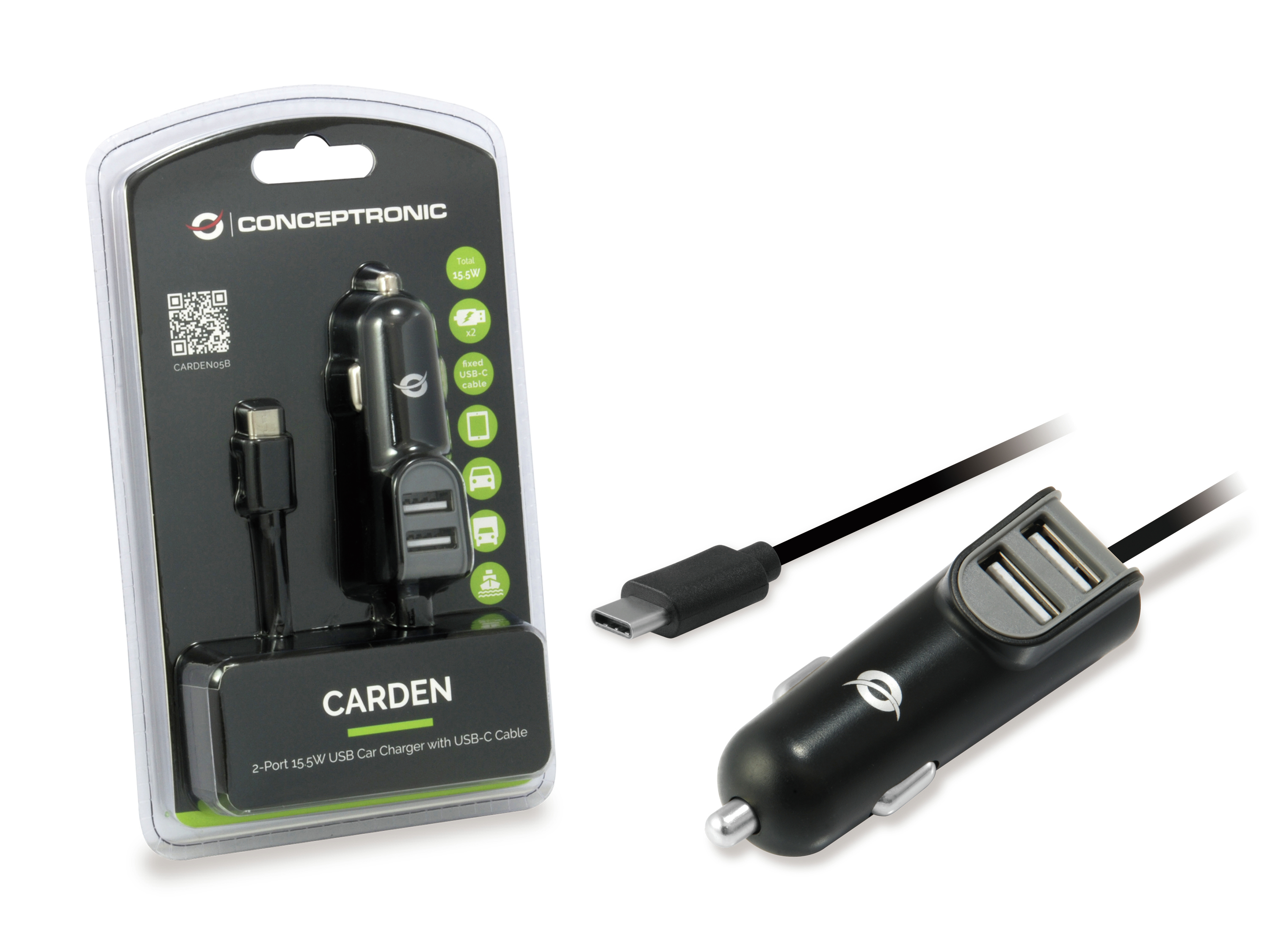 Conceptronic CARDEN - Auto-Netzteil - 15.5 Watt - 3.1 A - 3 Ausgabeanschlussstellen (USB, USB-C)