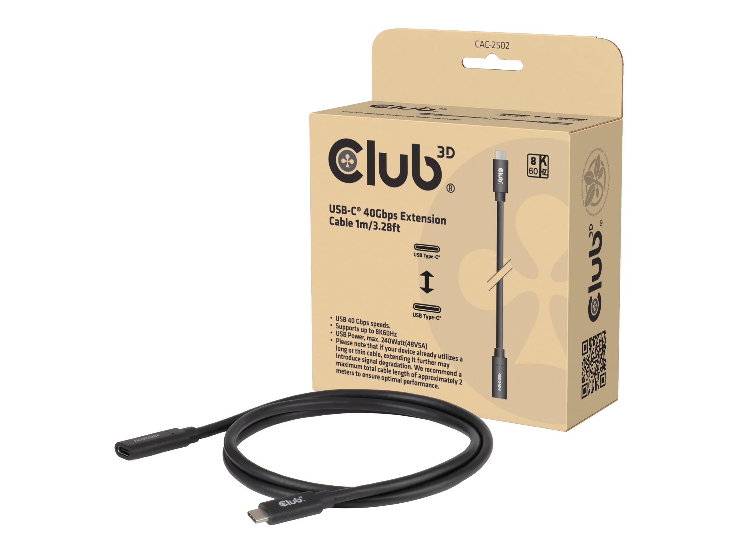 Club3D Kabel   USB 4   Typ C   1m Verlängerung  40Gbps St/Bu