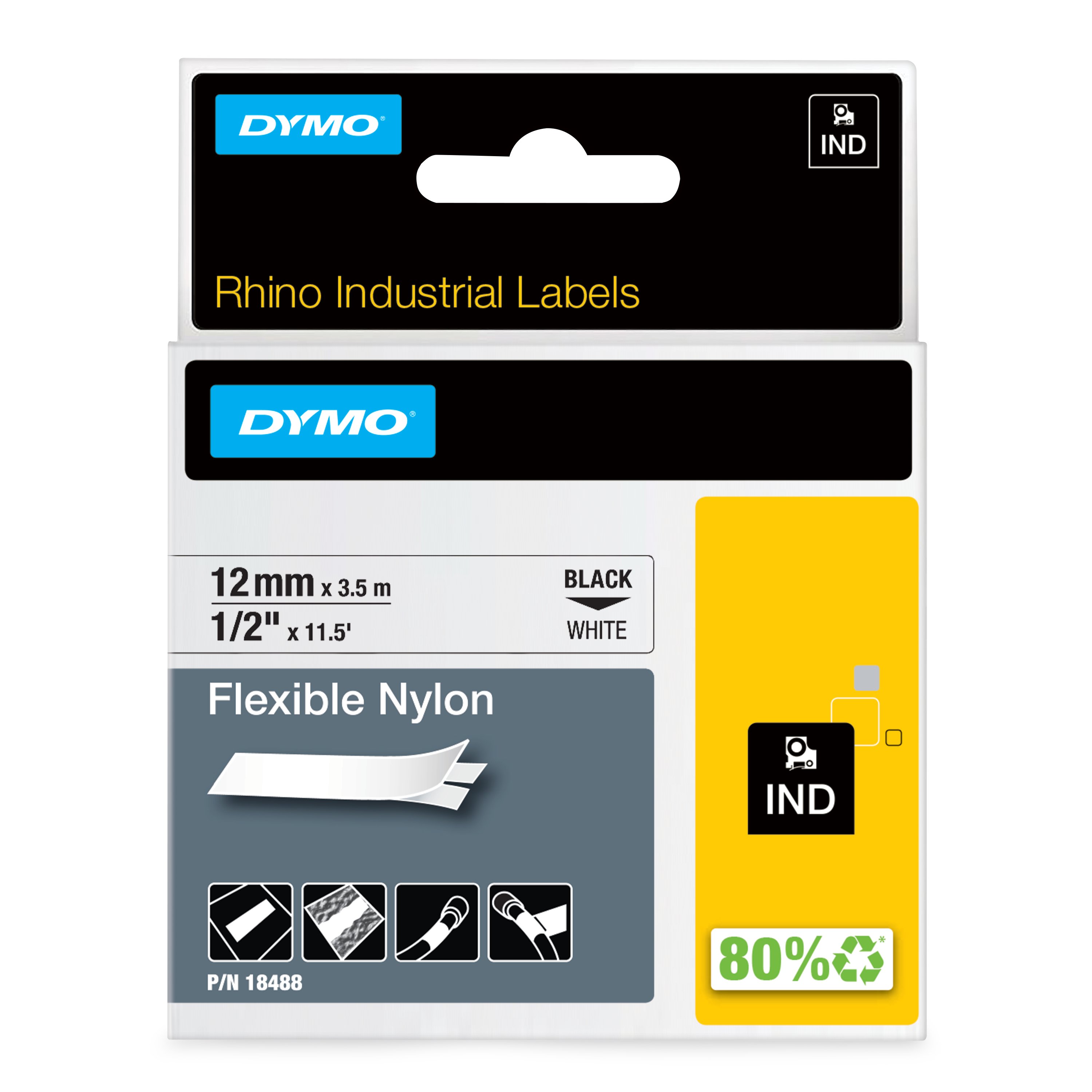 DYMO | Original IND-Schriftband für Rhino | flexibles & reissfestes Nylon | schwarz auf weiß | 12mm x 3,5m