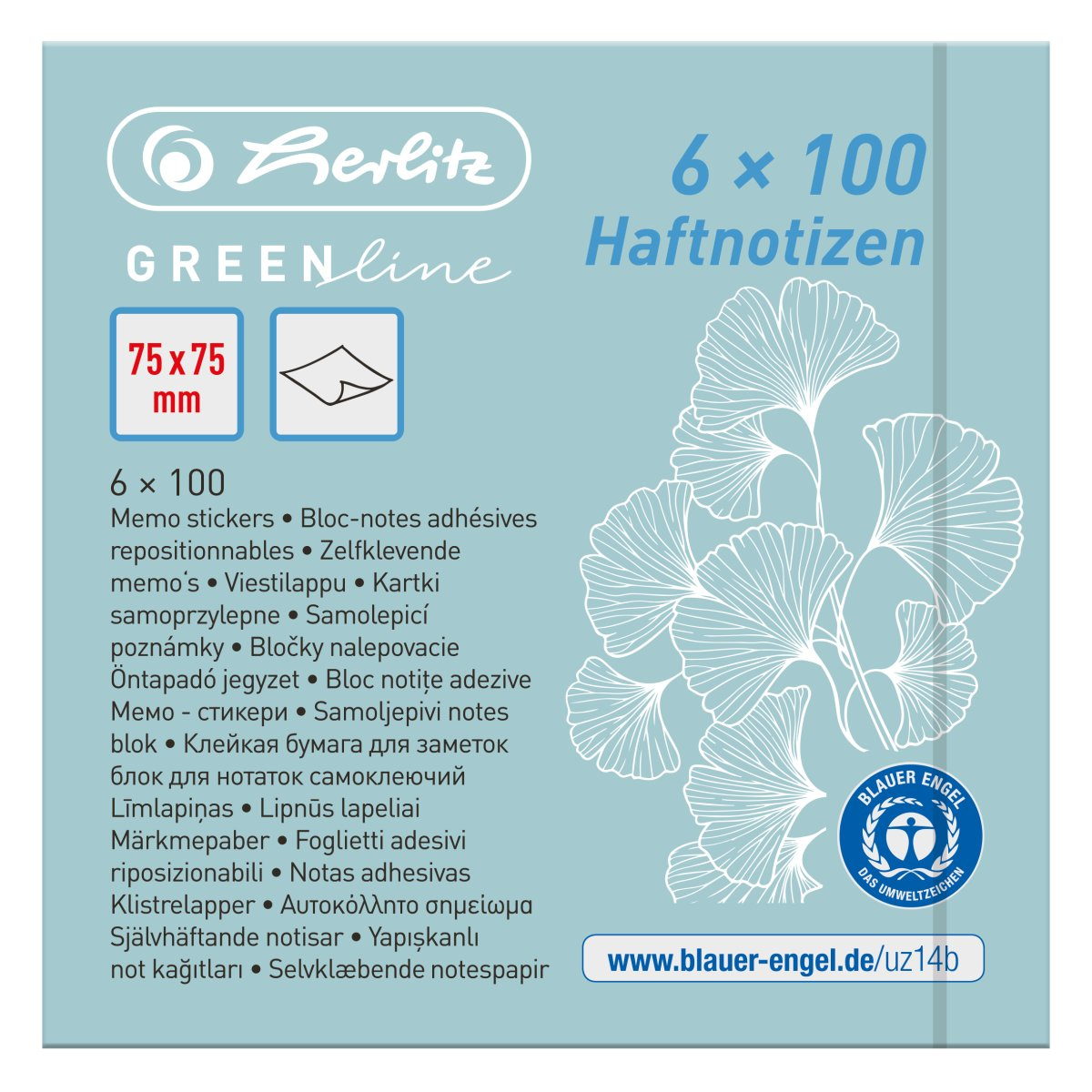 herlitz | Haftnotizblock 75x75 6x100 Blatt GREENline farbig sortiert
