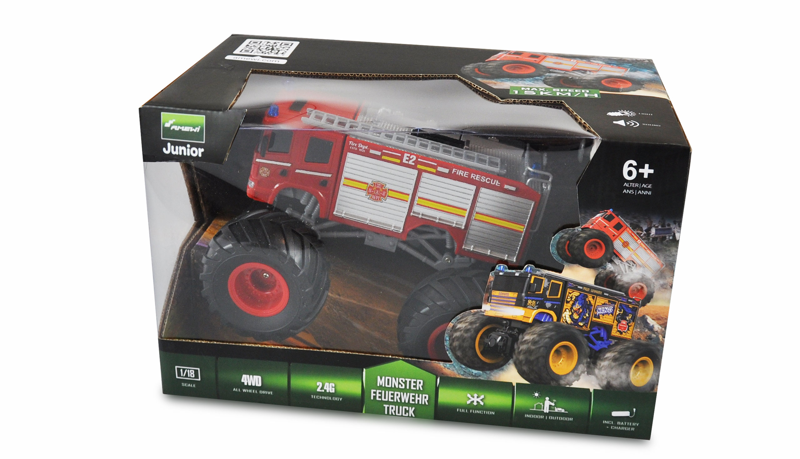 Amewi | Monster Feuerwehr Truck 1:18, RTR mit LED Beleuchtung & Sound - rot