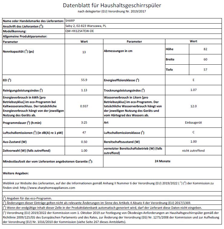 Sharp | Geschirrspüler |  QW-HX12S47EW-DE | (inkl. Speditionsversand)