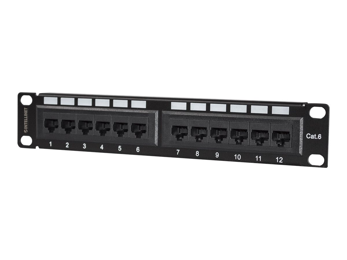 Intellinet 10" 12-Port Cat6 Patchpanel, UTP, 10", 1 HE, schwarz - Patch Panel - Rack montierbar - RJ-45 X 12 - Schwarz, RAL 9005 - 1U - 25.4 cm (10")
