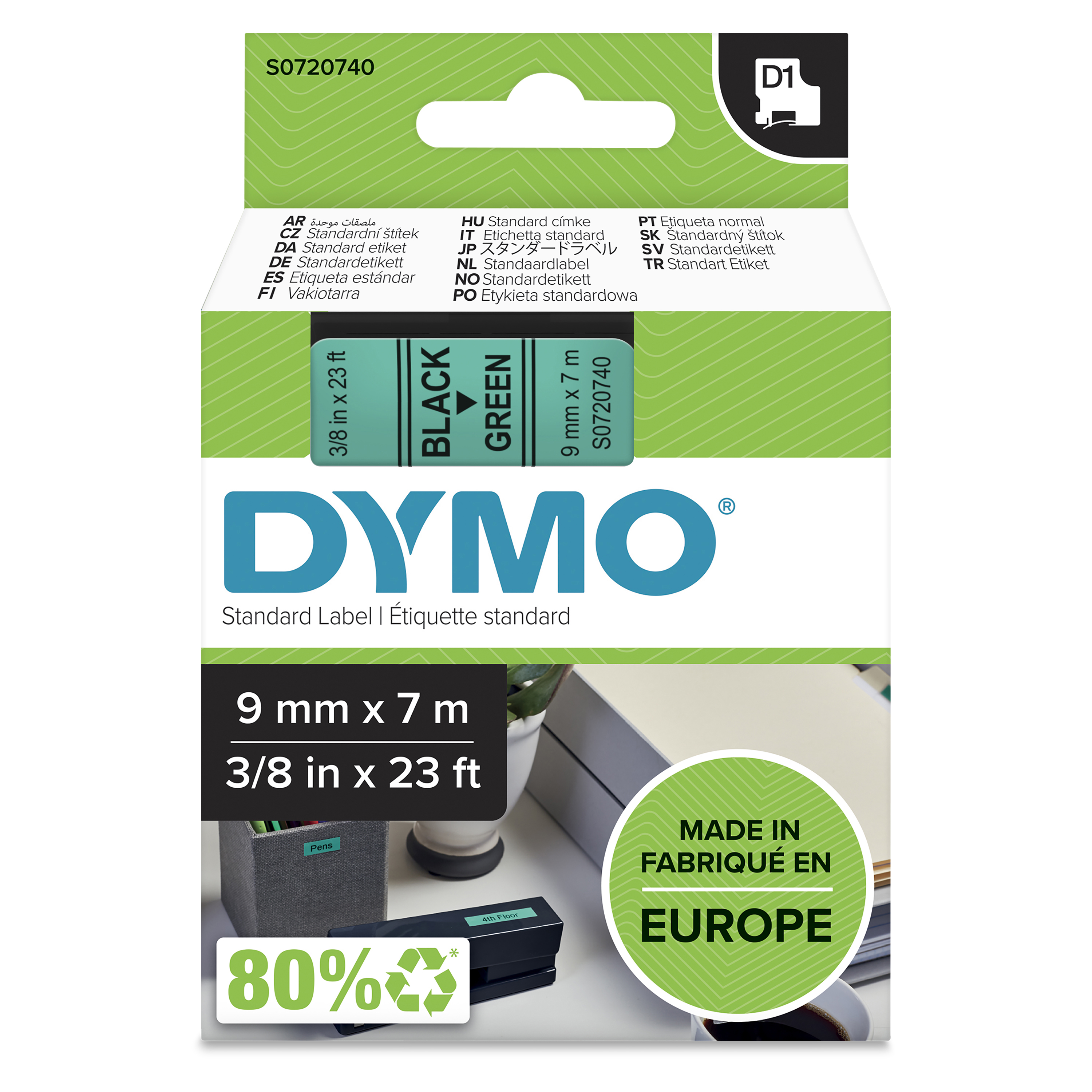 DYMO | Original D1-Schriftband für LabelManager | Polyester | wieder ablösbar | schwarz auf grün | 9mmx7m