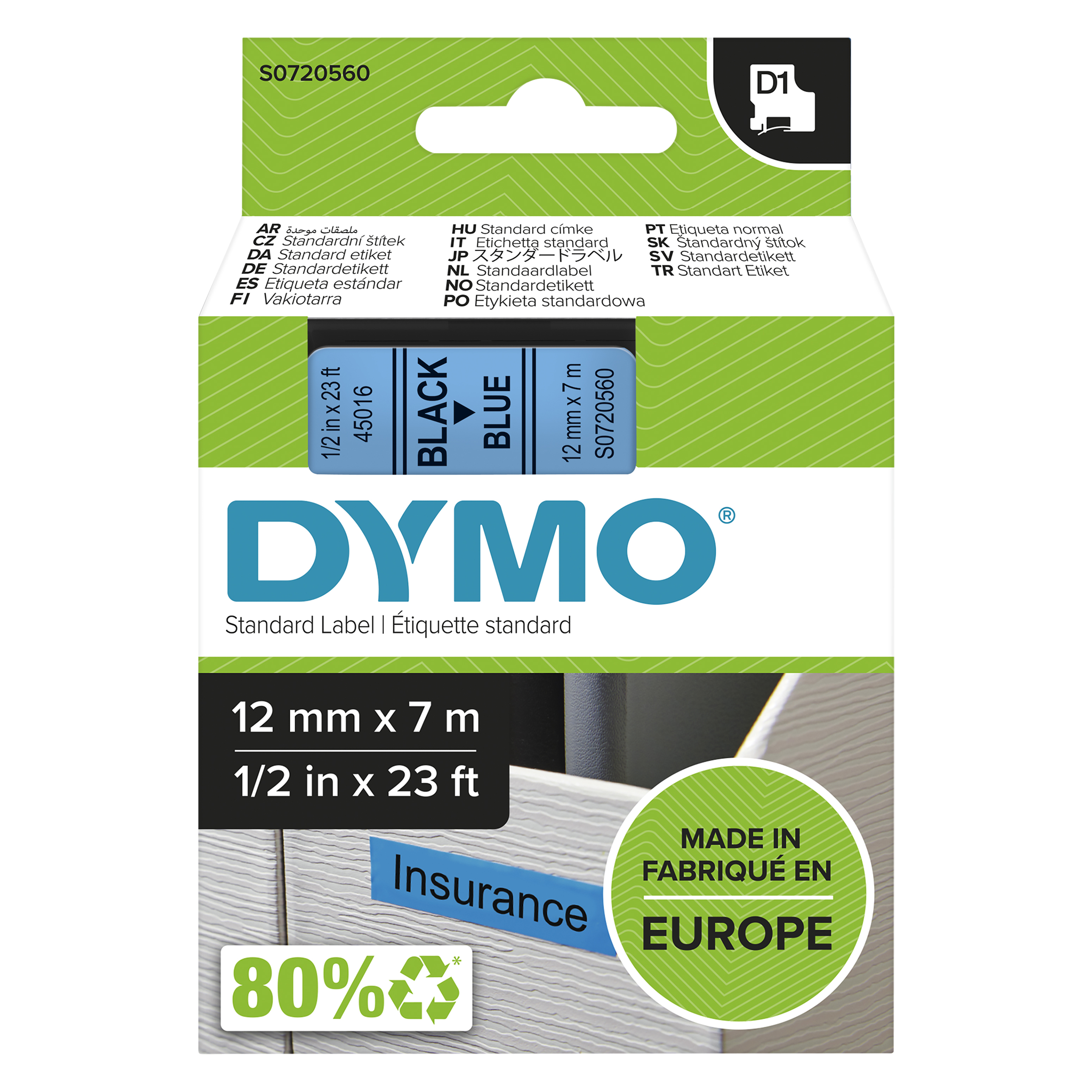 DYMO | Original D1-Schriftband für LabelManager | Polyester | wieder ablösbar | schwarz auf blau | 12mmx7m