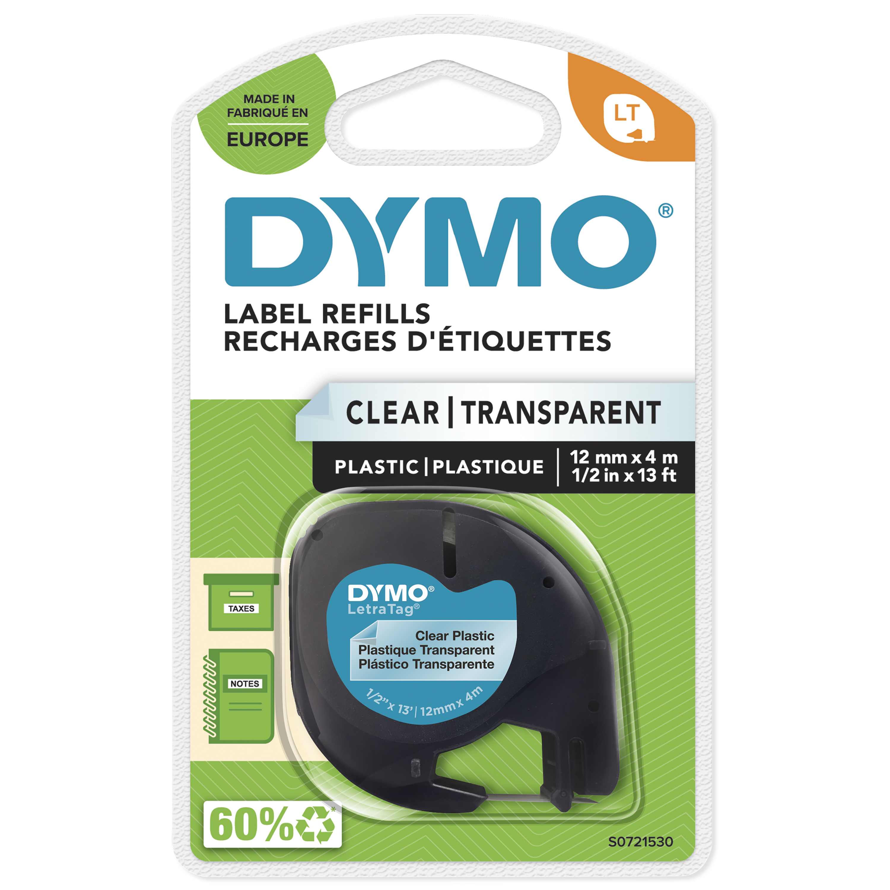 DYMO | Original Schriftband für LetraTag | Plastik | schwarz auf transparent | 12mm x 4m