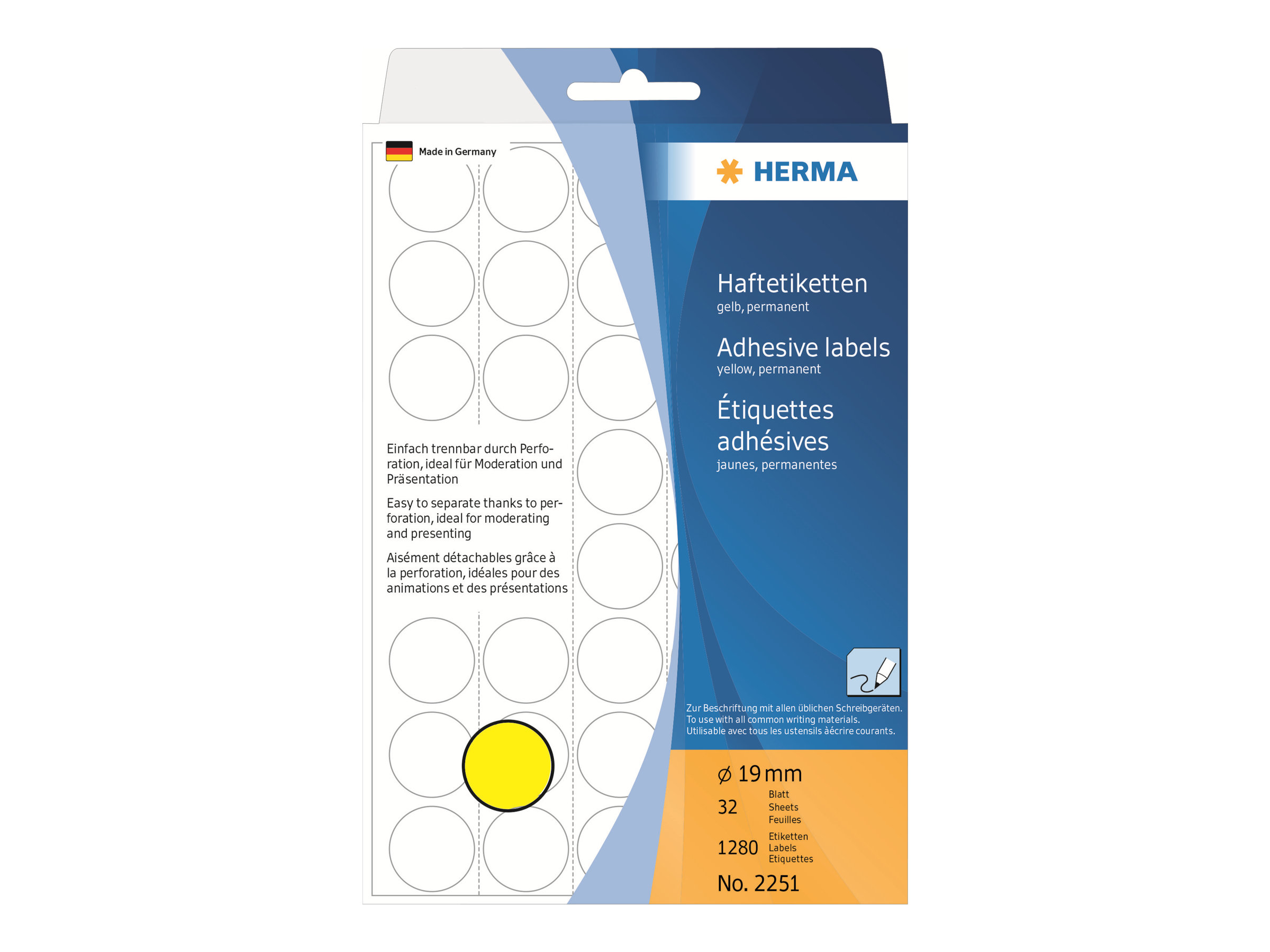 HERMA Papier - matt - permanenter Klebstoff - Gelb - 19 mm rund 1280 Etikett(en) (32 Bogen x 40)
