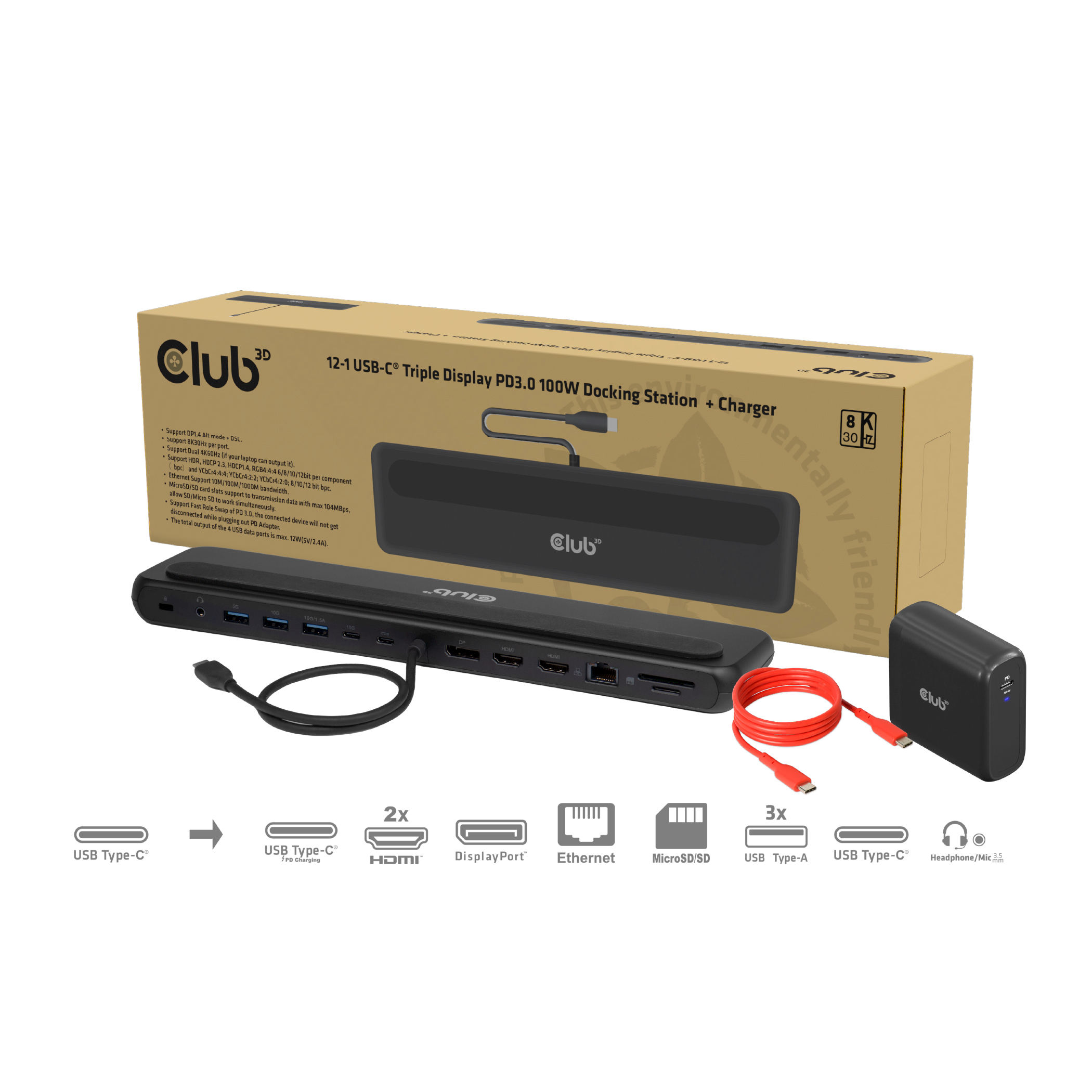 Club3D USB-C 12in1-Dock >DP1.4/2xHDMI/2xUSB-C/ 8K30Hz PD100W retail
