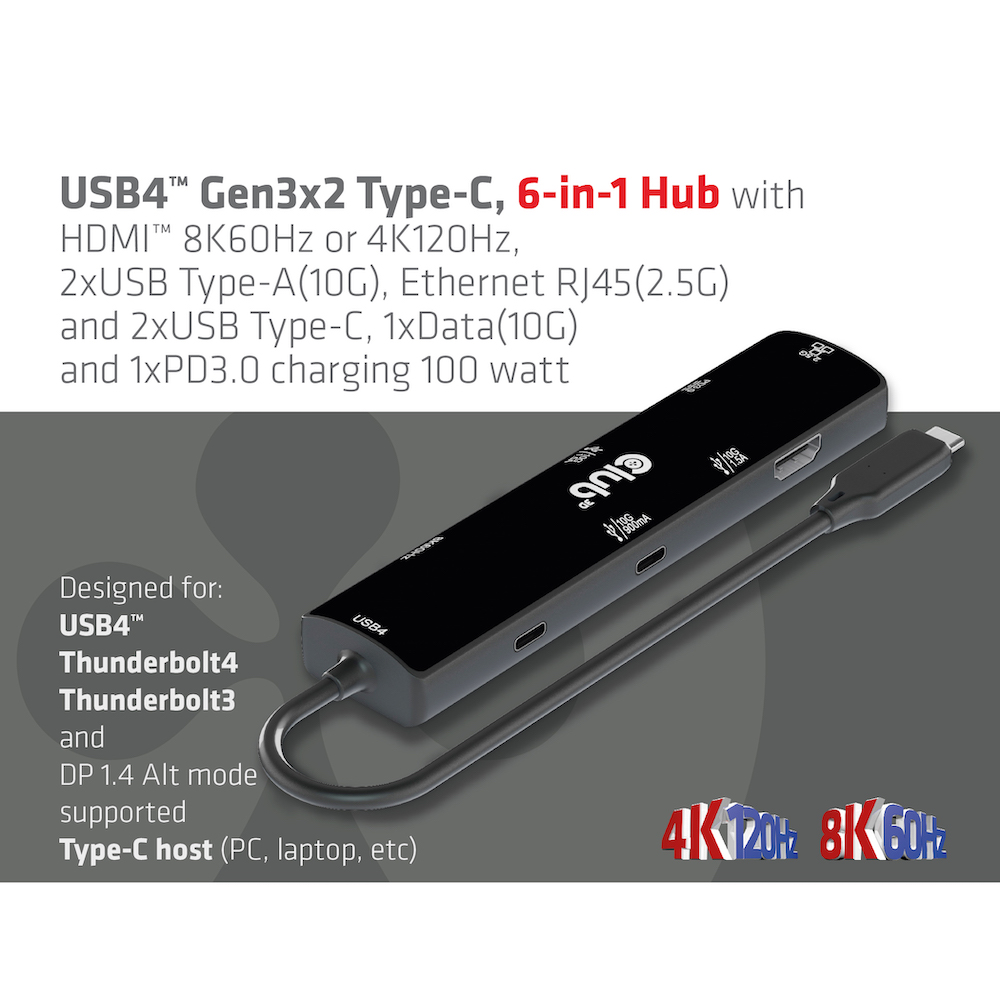 Club 3D USB4 Gen3x2 Type-C 6-in-1 Hub with HDMI8K60Hz or 4K120Hz 2xUSB Type-A 10G Ethernet