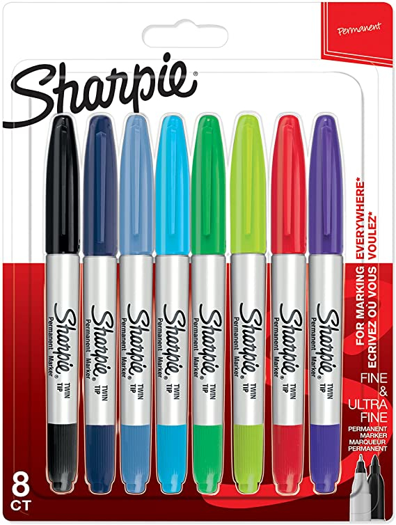 SHARPIE | Twin Tip | 8er Blister | Strichstärke: F 0,9 mm + UF 0,5 mm | Schreibfarbe: schwarz, rot, lila, himmelblau, blaugrün, navy, limette, grün