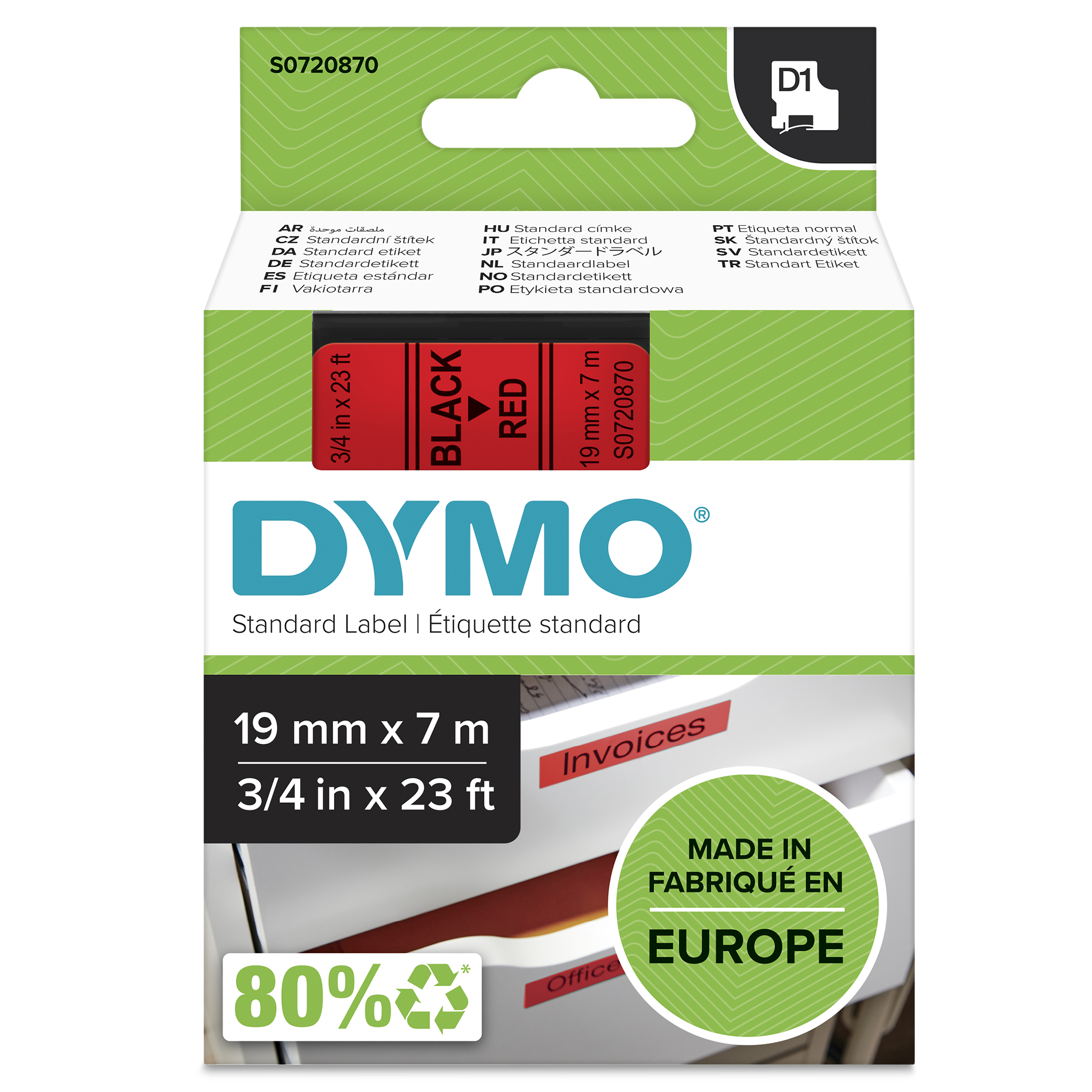 DYMO | Original D1-Schriftband für LabelManager | Polyester | wieder ablösbar | schwarz auf rot | 19mmx7m