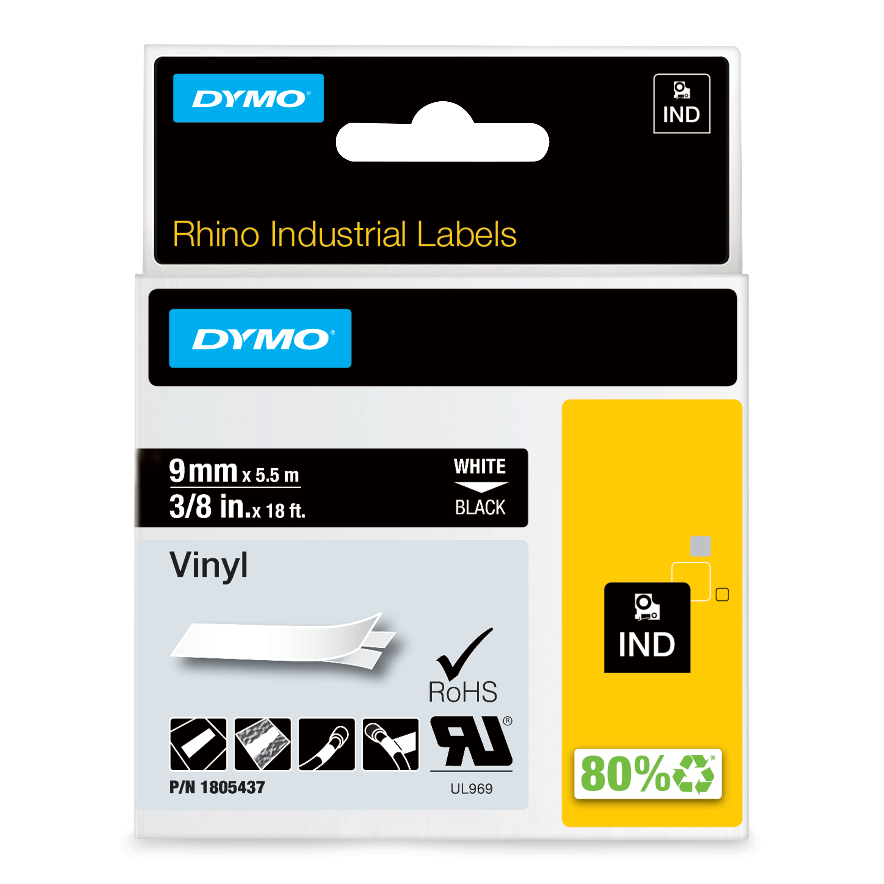 DYMO | Original IND-Schriftband für Rhino | farbiges Vinyl | weiß auf schwarz | 9mm x 5,5m