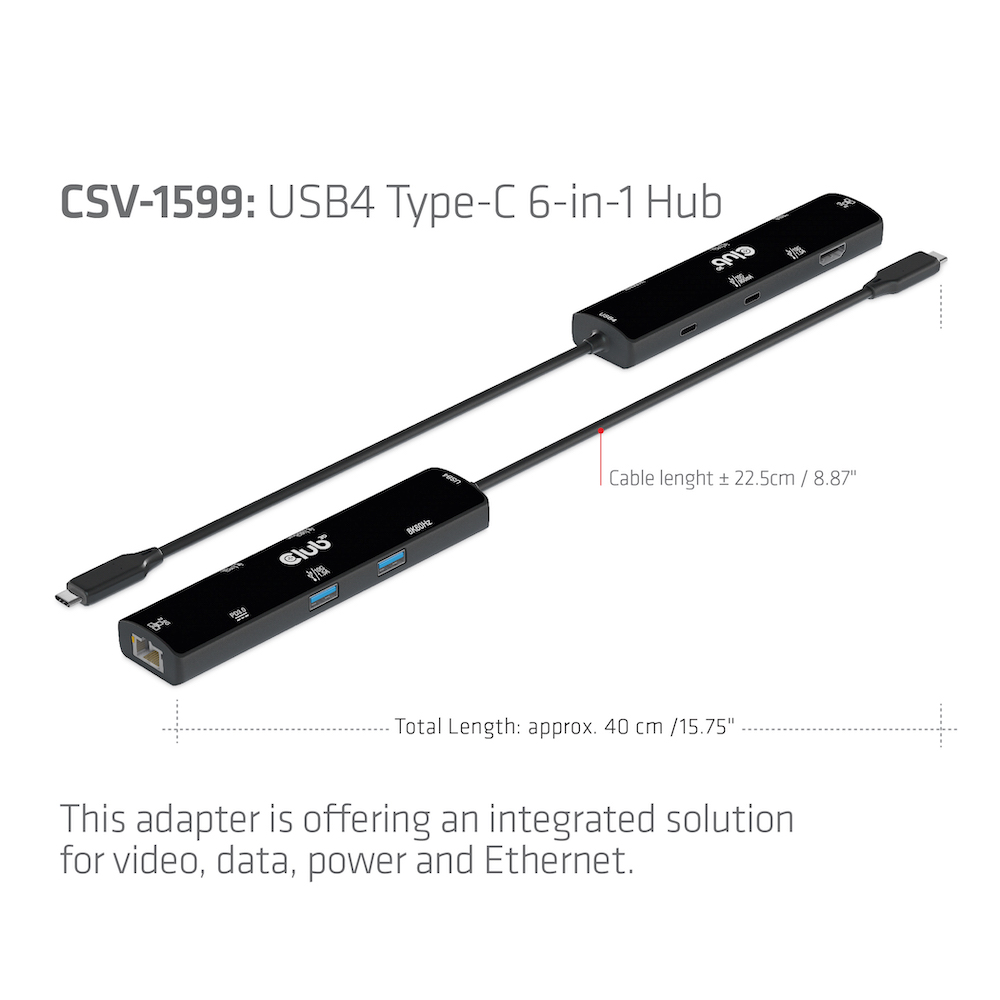 Club 3D USB4 Gen3x2 Type-C 6-in-1 Hub with HDMI8K60Hz or 4K120Hz 2xUSB Type-A 10G Ethernet