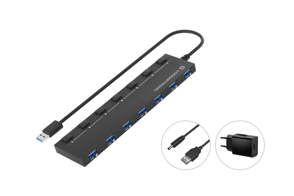 USB-Hub 7-Port | 7x USB 3.2 Gen 1 | 5 Gbit/s | mit Netzteil | Schwarz