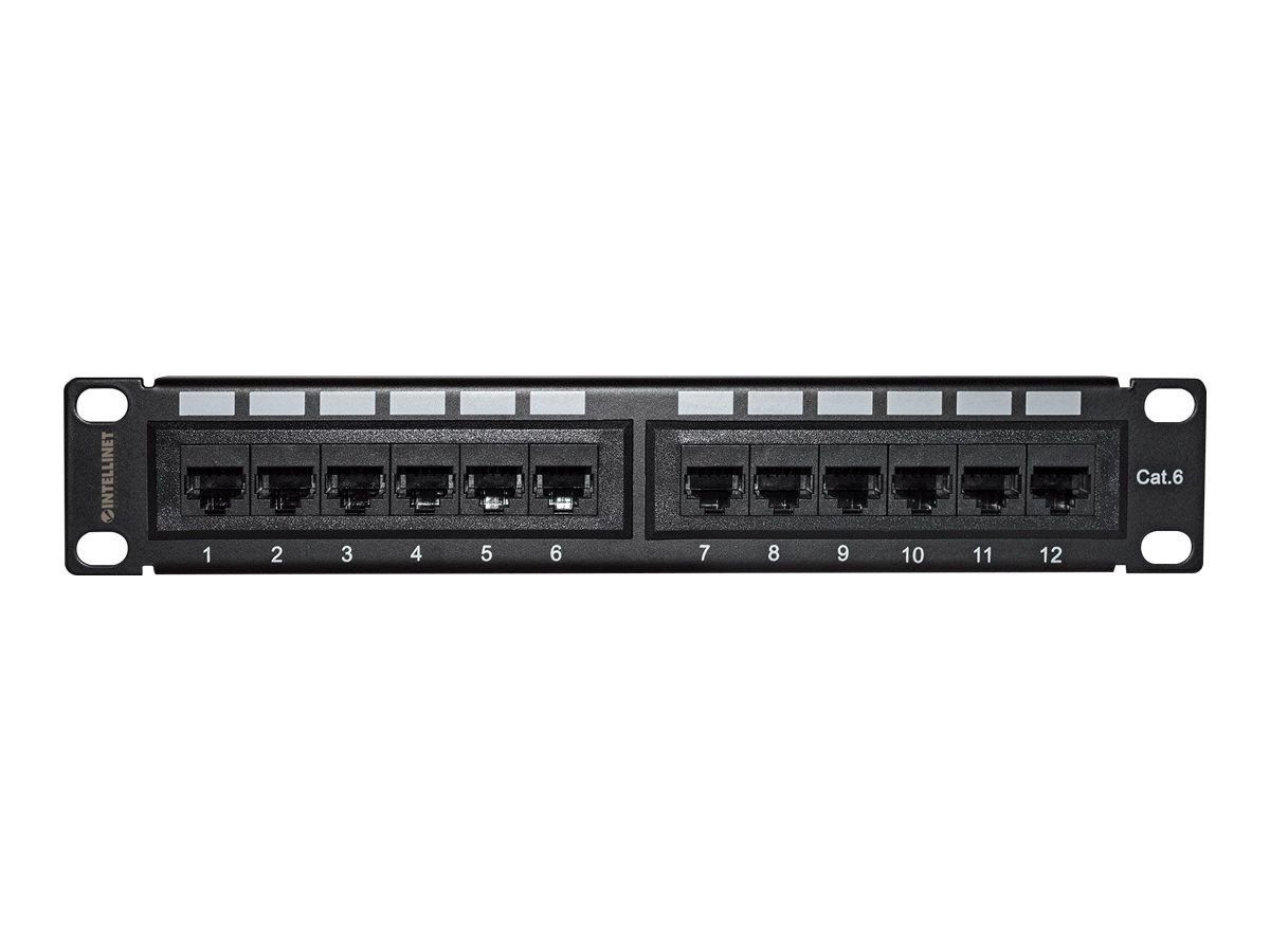 Intellinet 10" 12-Port Cat6 Patchpanel, UTP, 10", 1 HE, schwarz - Patch Panel - Rack montierbar - RJ-45 X 12 - Schwarz, RAL 9005 - 1U - 25.4 cm (10")