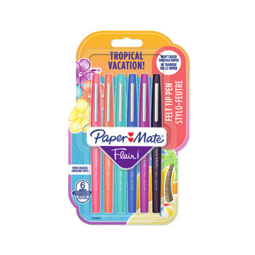 PAPER MATE® | Flair® | 6er Blister "Tropical Vacation" | Strichstärke: M / 0,7 mm | Schreibfarbe: Papaya, Orchidee, Scuba Dive, Surf, Passionsfrucht, Guave