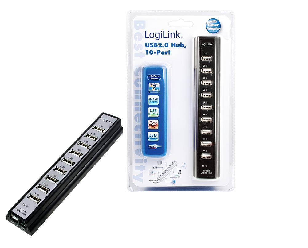 USB-HUB 10-Port m. Netzteil schwarz Kunststoff
