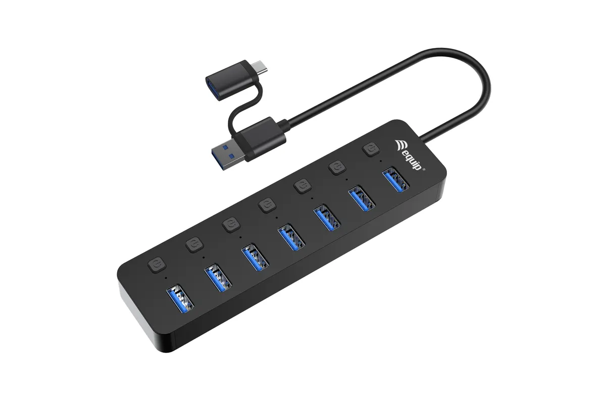 128965 | 7-Port USB 3.2 Gen 1 Hub | 7x USB-A | 5 Gbit/s | 5V/2A Netzteil | Schwarz