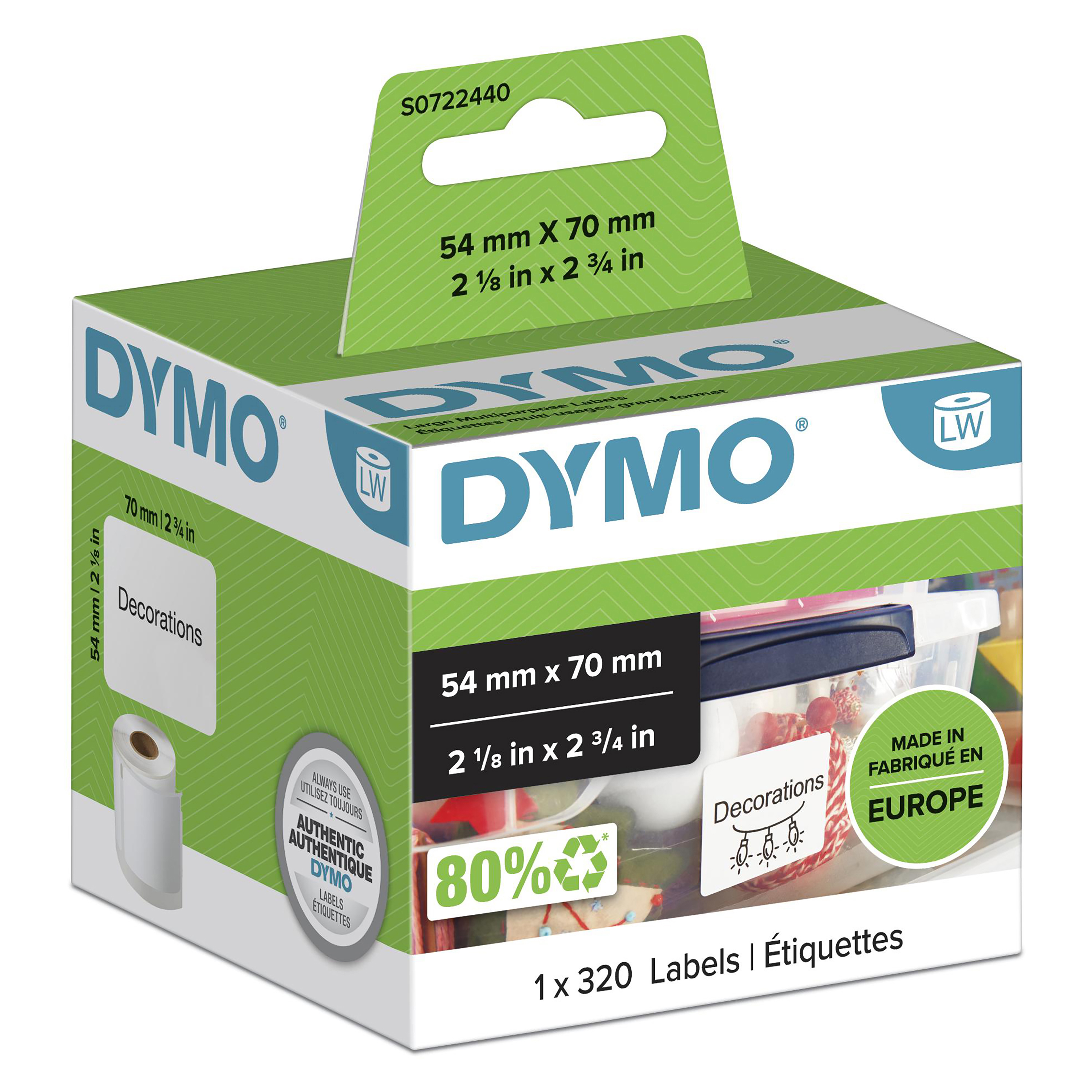 DYMO | Original Etikett für LabelWriter | Mehrzweck | weiß | permanent haftend | 1 x 320 Etiketten | 54 x 70 mm
