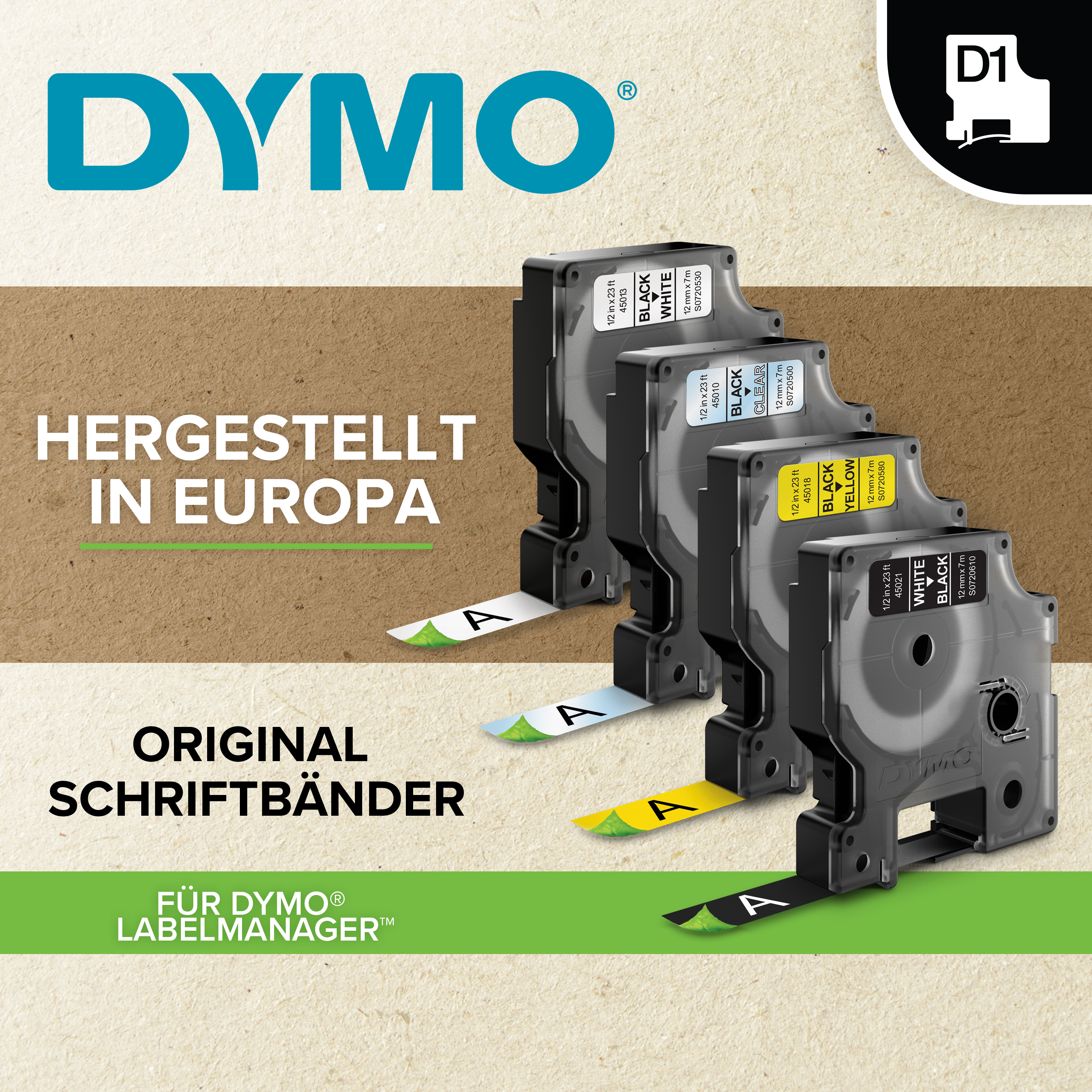 DYMO | Original D1-Schriftband für LabelManager | Polyester | wieder ablösbar | schwarz auf grün | 9mmx7m