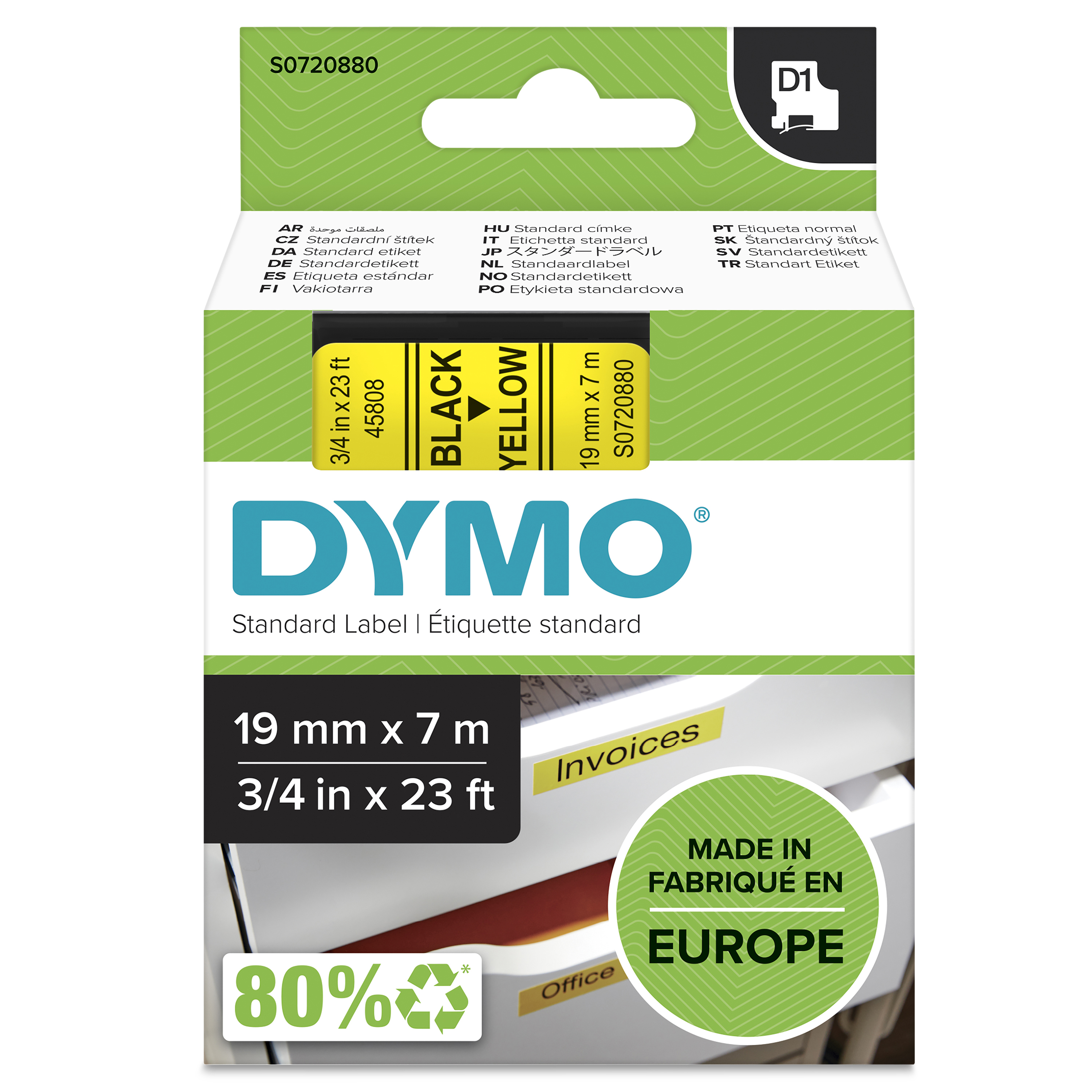 DYMO | Original D1-Schriftband für LabelManager | Polyester | wieder ablösbar | schwarz auf gelb | 19mmx7m