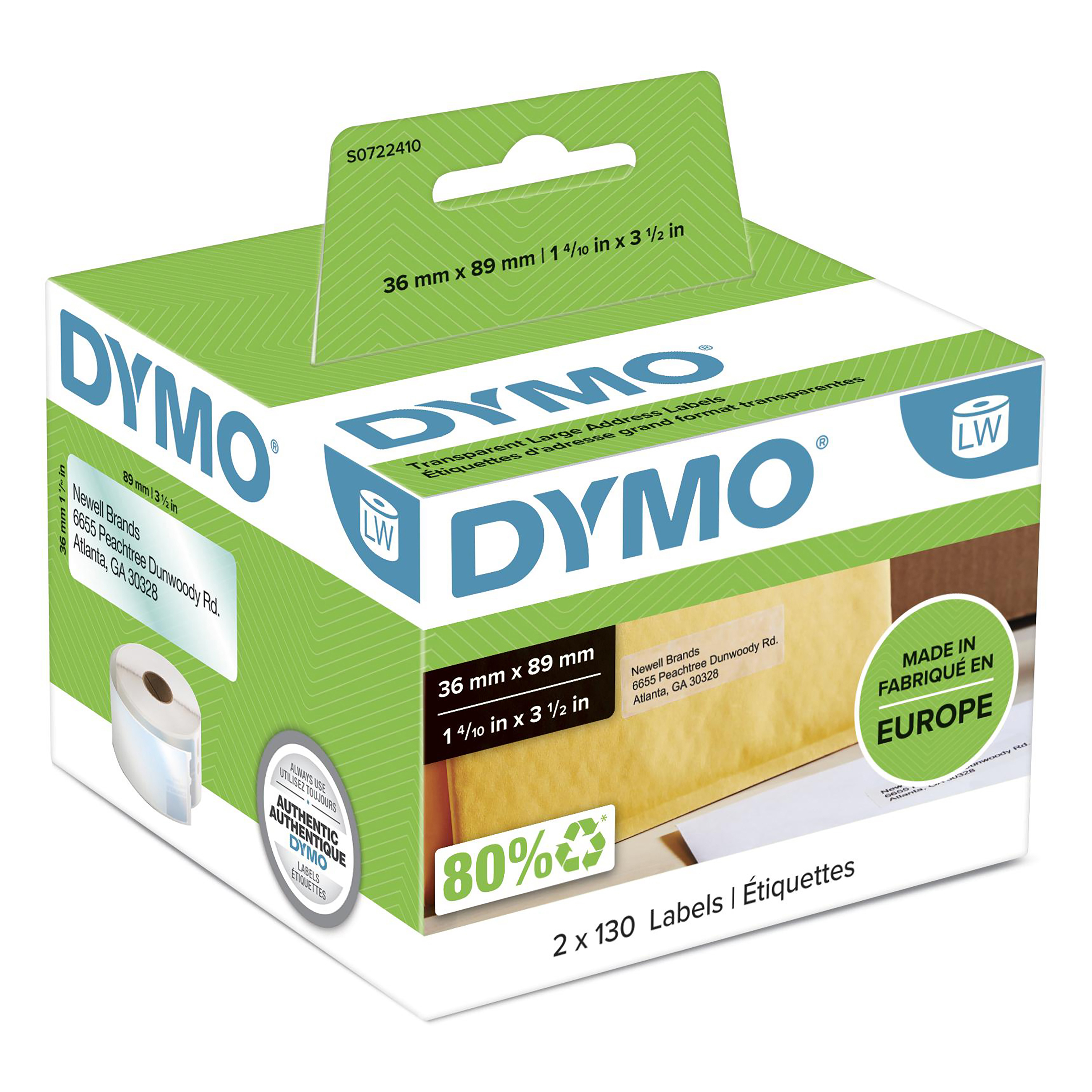 DYMO | Original Etikett für LabelWriter | Adressen | weiß | Kunststoff | permanent haftend | 1 x 260 Etiketten | 36 x 89 mm