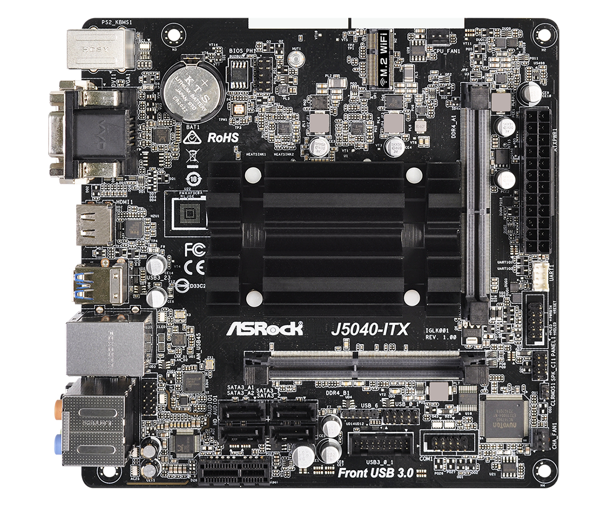 ASRock J5040-ITX - Motherboard - Mini-ITX - Intel Pentium Silver J5040 - USB 3.2 Gen 1 - Gigabit LAN - Onboard-Grafik - HD Audio (8-Kanal)
