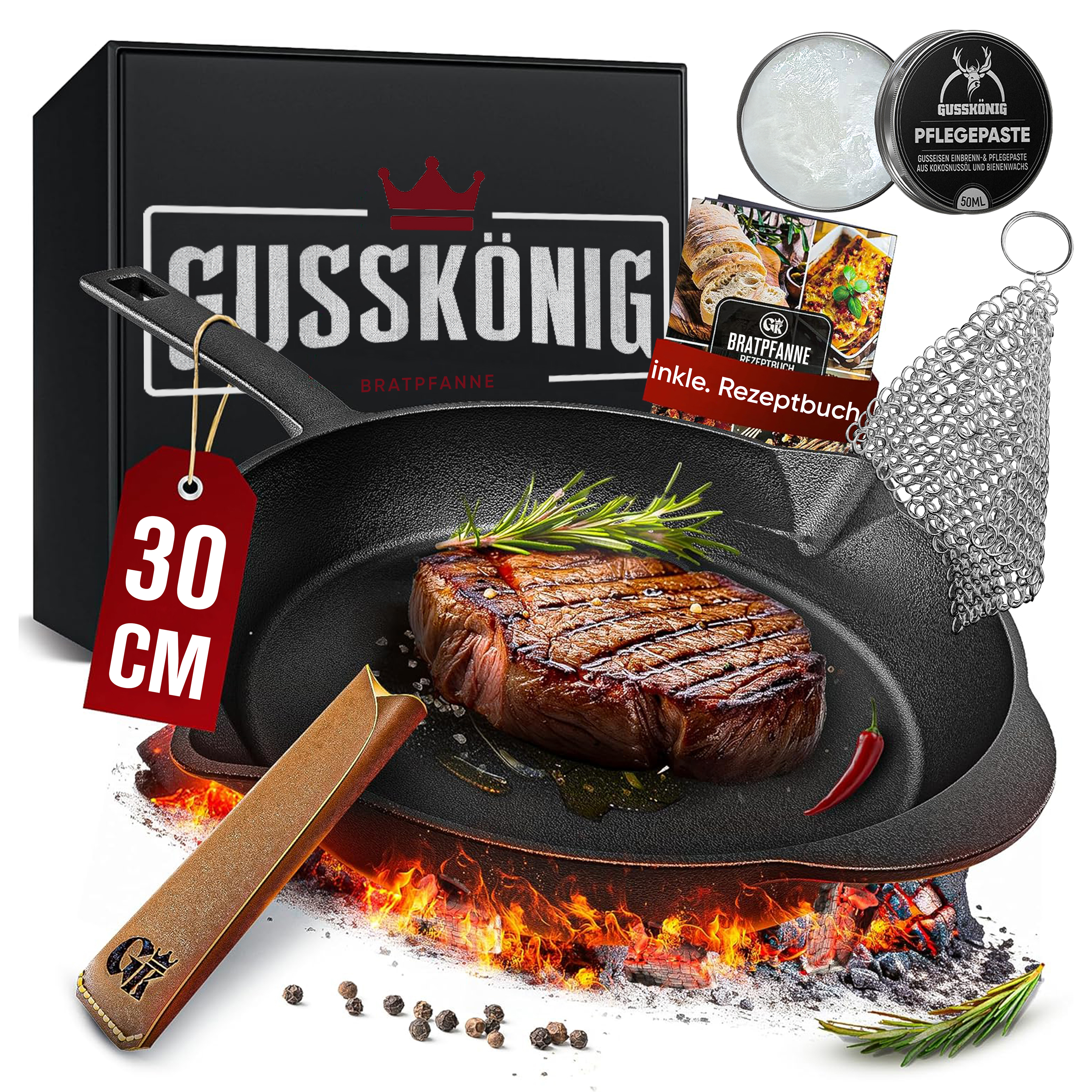 Bratpfannen-Set aus Gusseisen, 30 cm, inkl. Zubehör und Rezeptbuch