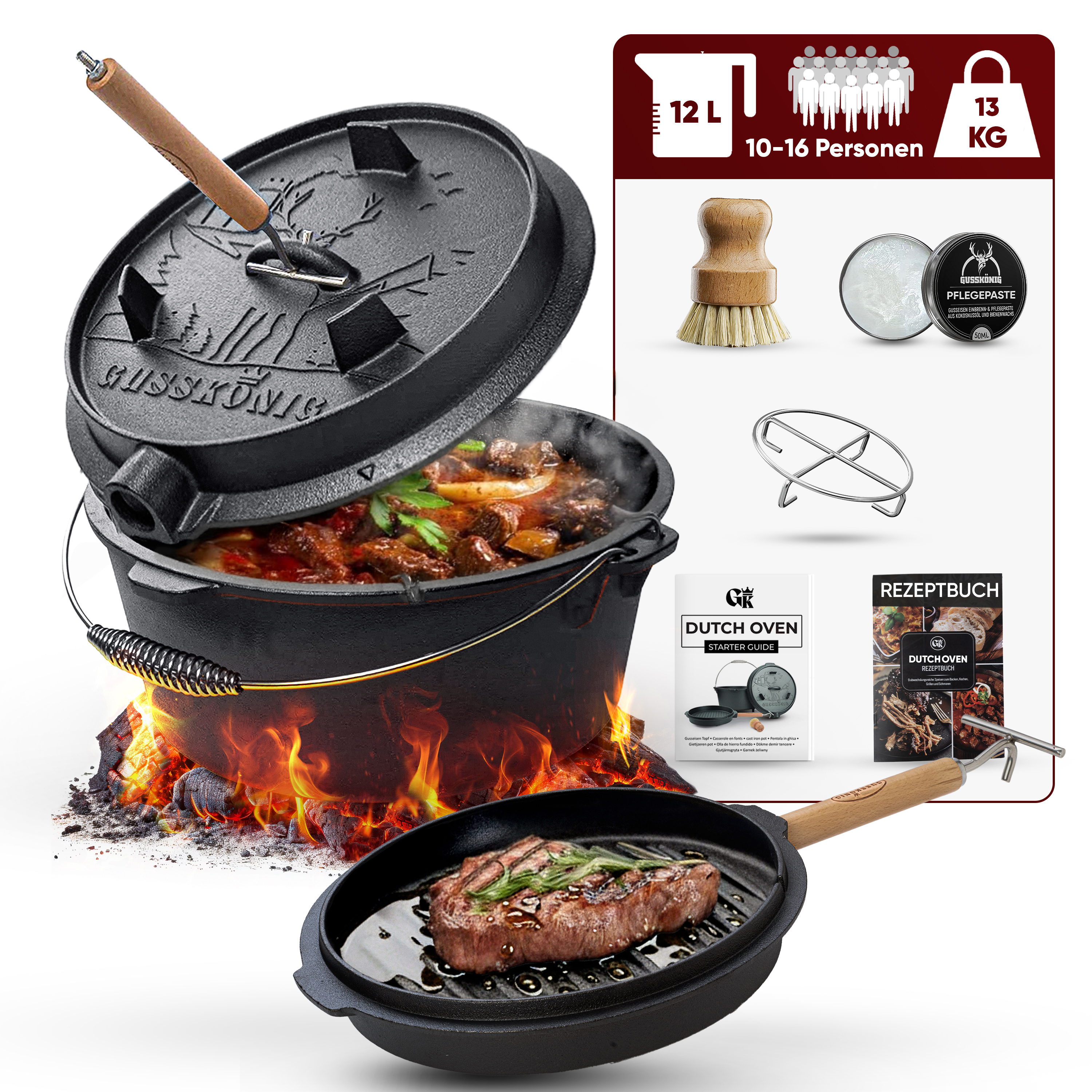 Dutch Oven Set 12 L ohne Füße, inkl. Pflegezubehör und Rezeptbuch