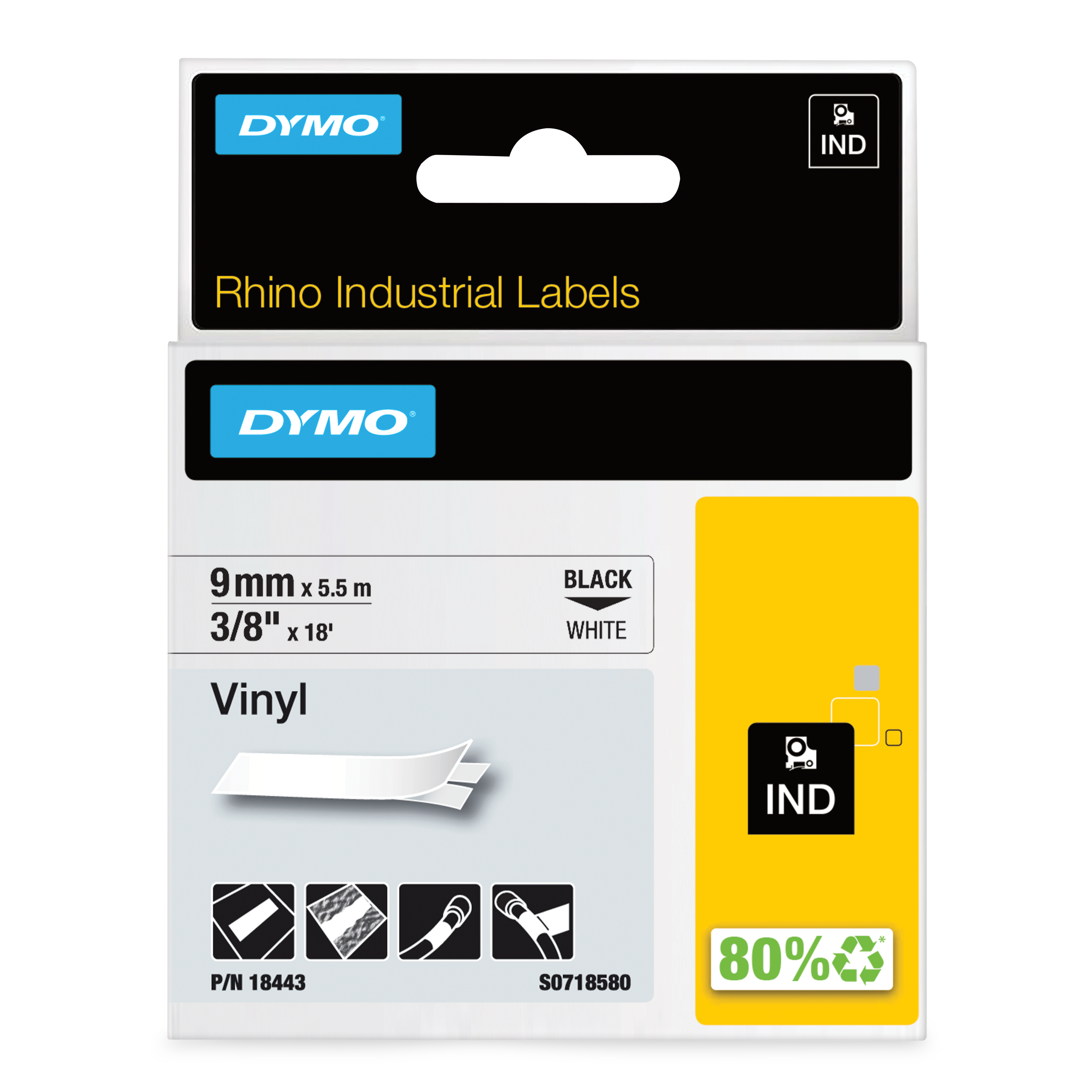 DYMO | Original IND-Schriftband für Rhino | farbiges Vinyl | schwarz auf weiß | 9mm x 5,5m